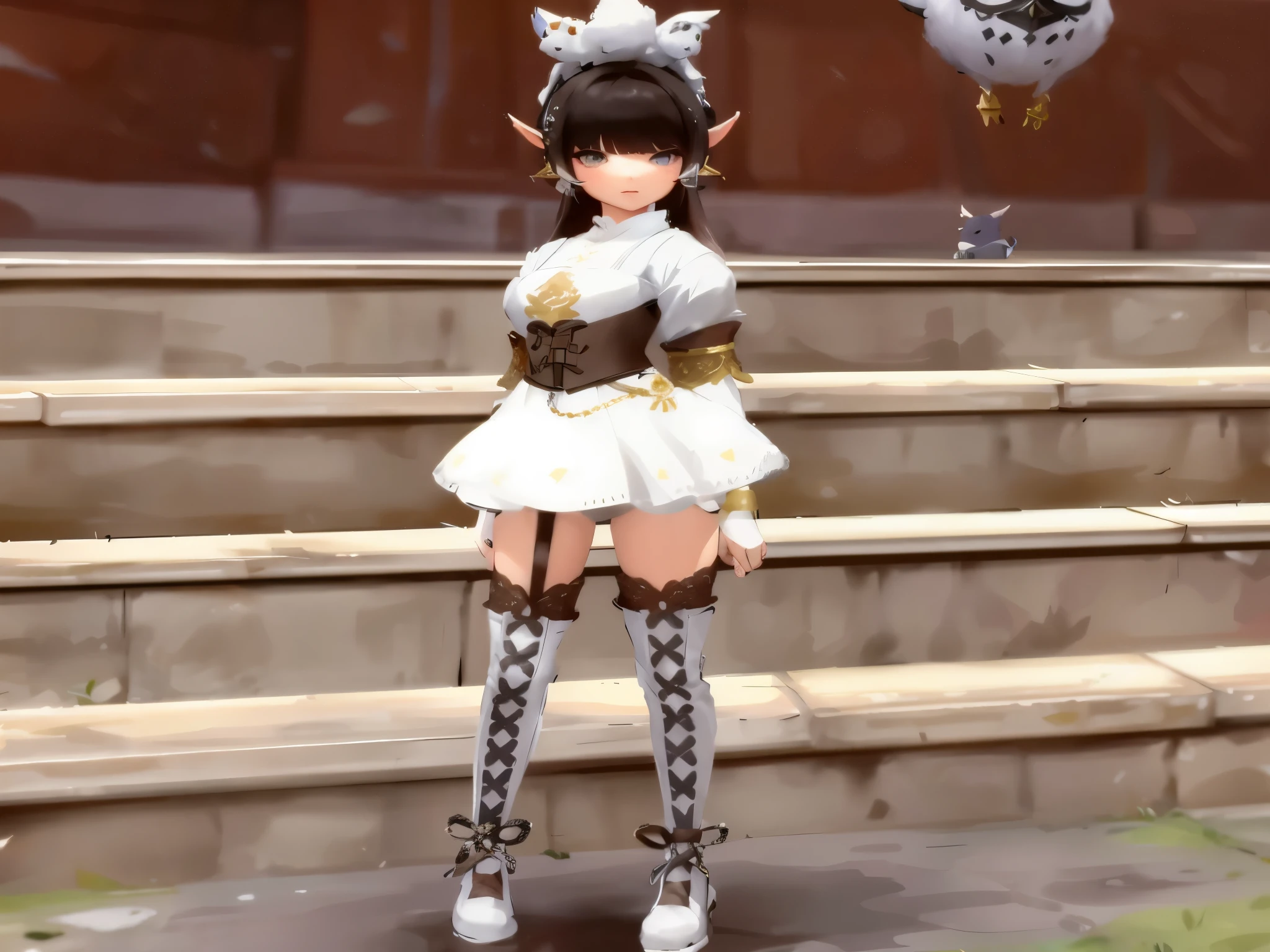 masterpiece:1.2, best quality, detailed and beautiful, There is a woman in a white dress and a bird in the background, lineage 2 revolution style, Lalafell, JRPG fashion, wearing monster hunter armor, maplestory gang girl, fantasy costume, moon themed costume, White Cat Girl, wearing monster hunter armorいる, Ayaka Genshin impact, from lineage 2, Maid clothes, fashionable rpg clothing