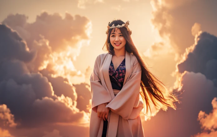 1_Indonesian_girl_face, solo, long_hair, japanese_clothes, black_hair, kimono, headdress, shawl, Very_ Large_breasts, hair_ornament, jewelry, very_long_hair, mountain, cloud, sky, downblouse, very_low_claveage_exposed_half_of_breasts, showing_half_Very_large_breast, (8k, Best Quality, Masterpiece:1.2), (Realistic, Photorealistic:1.37), Ultra Detail, 1 Girl,Cute,Solo,Beautiful Detailed Sky,Date,(Blush),(Smile:1.15),(Closed Mouth)Small Breasts,Beautiful Detailed Eyes,(Long Hair: 1.2),Floating Hair NovaFrogStyle, Upper Body