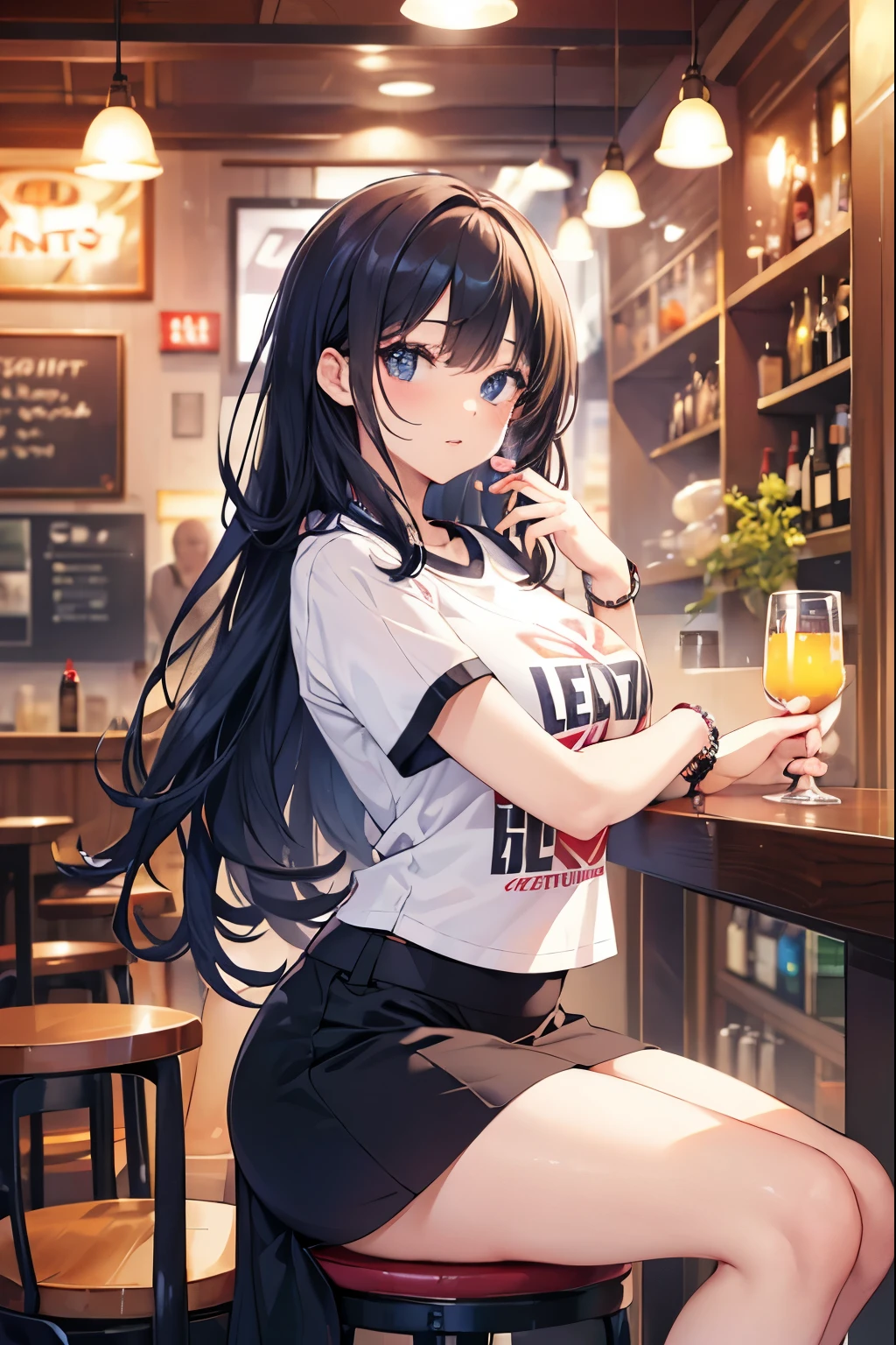 A sexy lady you see at a Philippine pub,Smaller breasts、white t-shirt、Tight Skirt