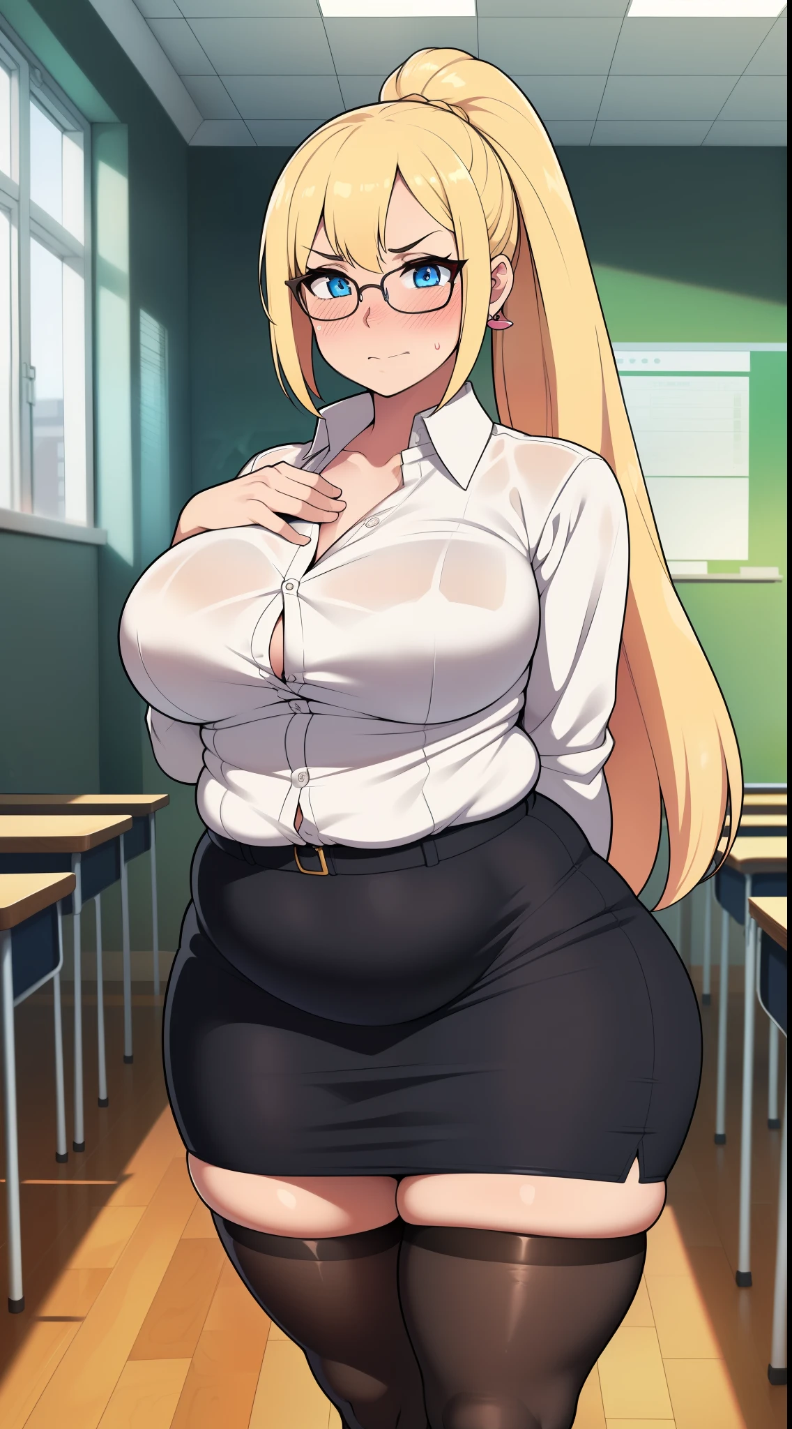 , ((highres)),Masterpiece, high quality, best quality, beautiful, perfect lighting, detailed face, ultra cute face, ((1girl)), ((solo), long blonde hair, ponytail, blue eyes, glasses, embarrassed look, masochist, aroused, ((blush)), looking at viewer, arms crossed, standing in a classroom, (classroom), daytime, dress shirt, pencil skirt, (tight clothes), ((chubby)), (thigh highs), (wide hips), (((thick thighs))), medium breasts, perky breasts, 24 year old female,