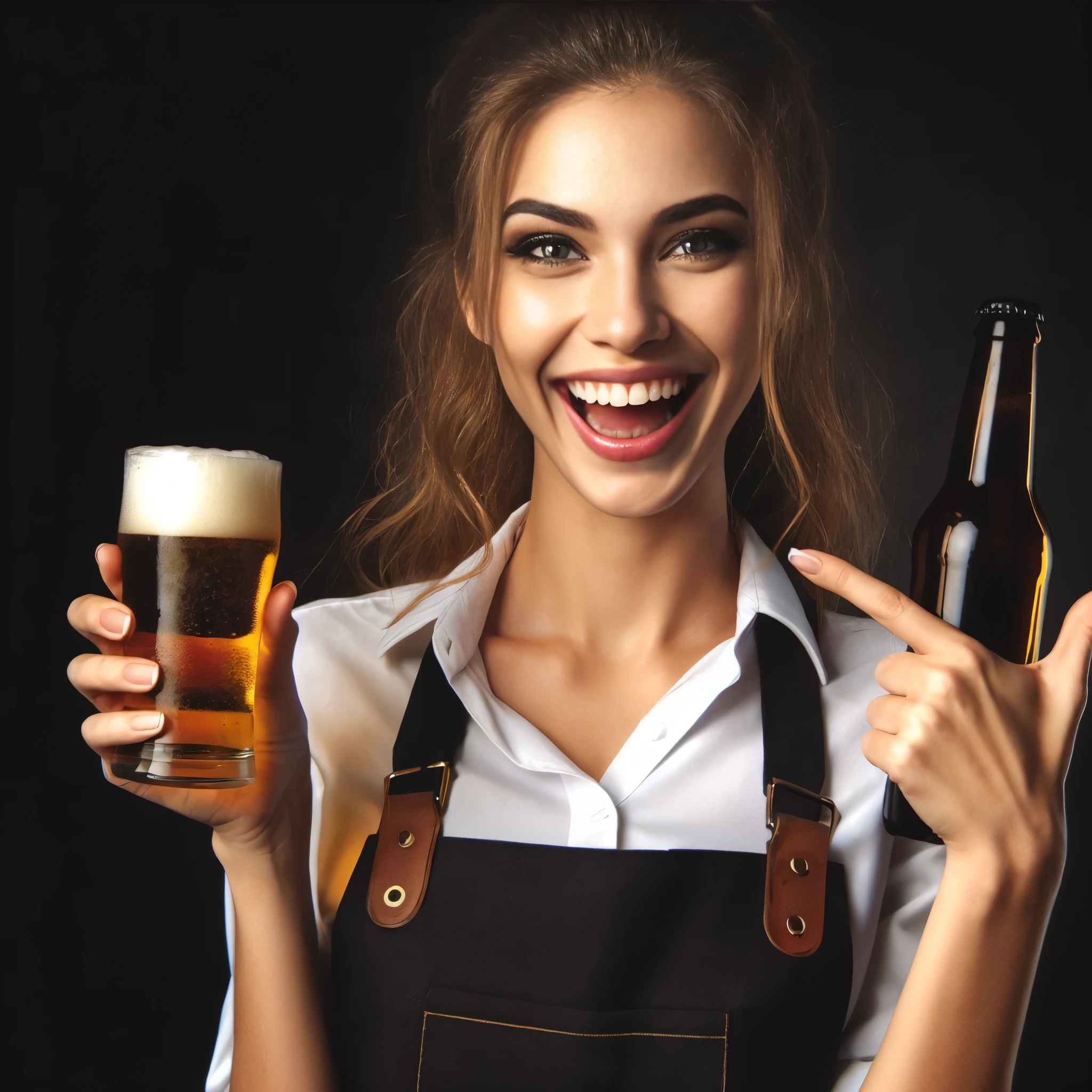 arafed woman holding a beer and a glass of beer, holding beer, holding a beer, holding beer bottles, holding a beer!!, holding a bottle of beer, drinking beer and laughing, beer, drinking a beer, beer in hand, drinking beer, ( waitress ) girl, beer advertisement, holding a mug of beer, ad image, people drinking beer, beginner