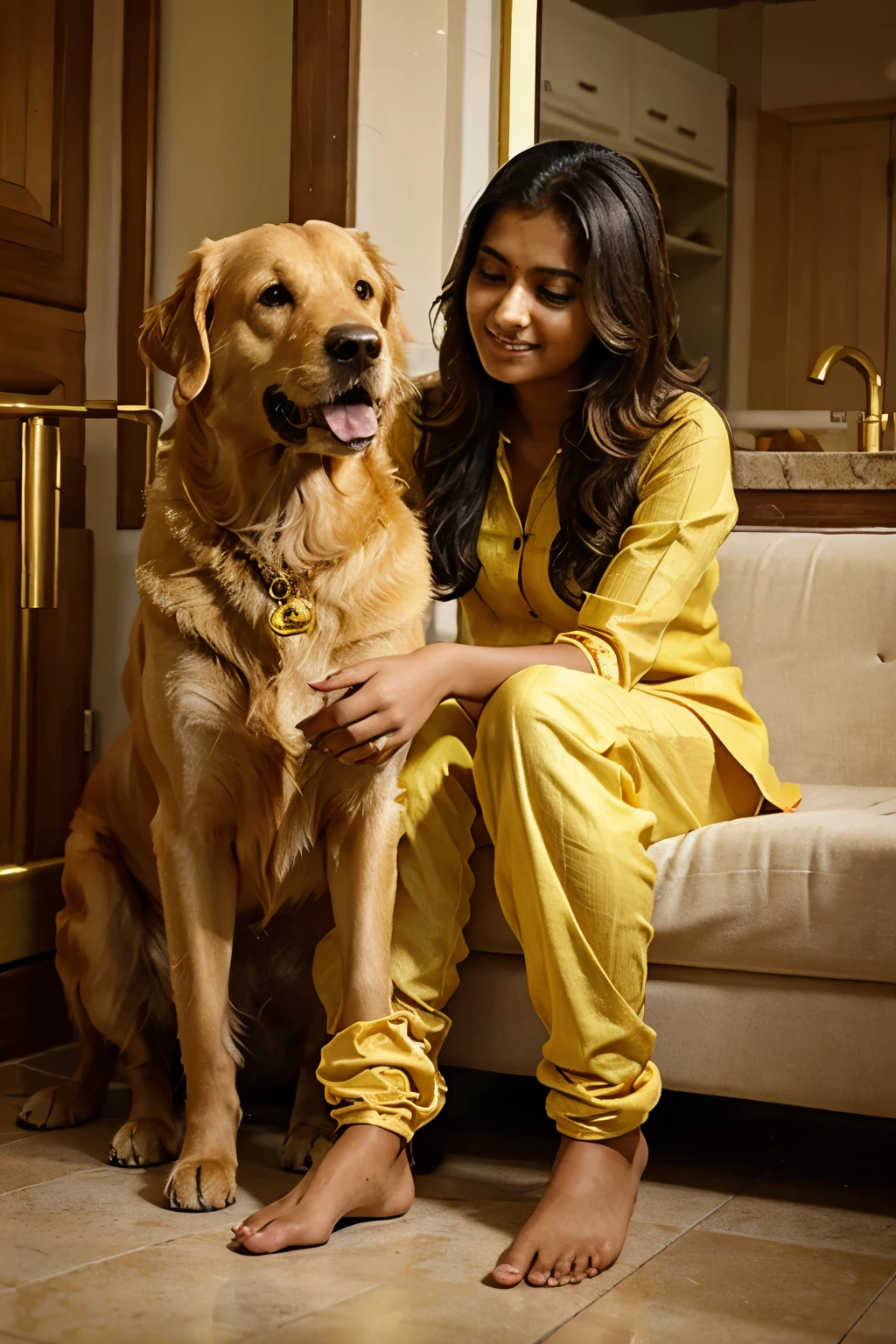 A pretty indian girl playing with her Golden Retriever dog. The girl is wearing a yellow salwar suit