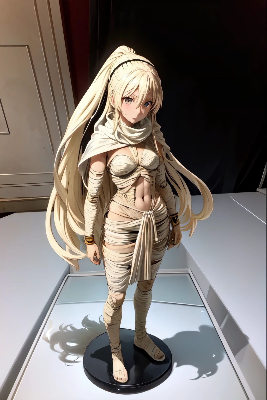 A photograph of an anime character figurine with a mummy motif, taken inside a pure white lighting box.