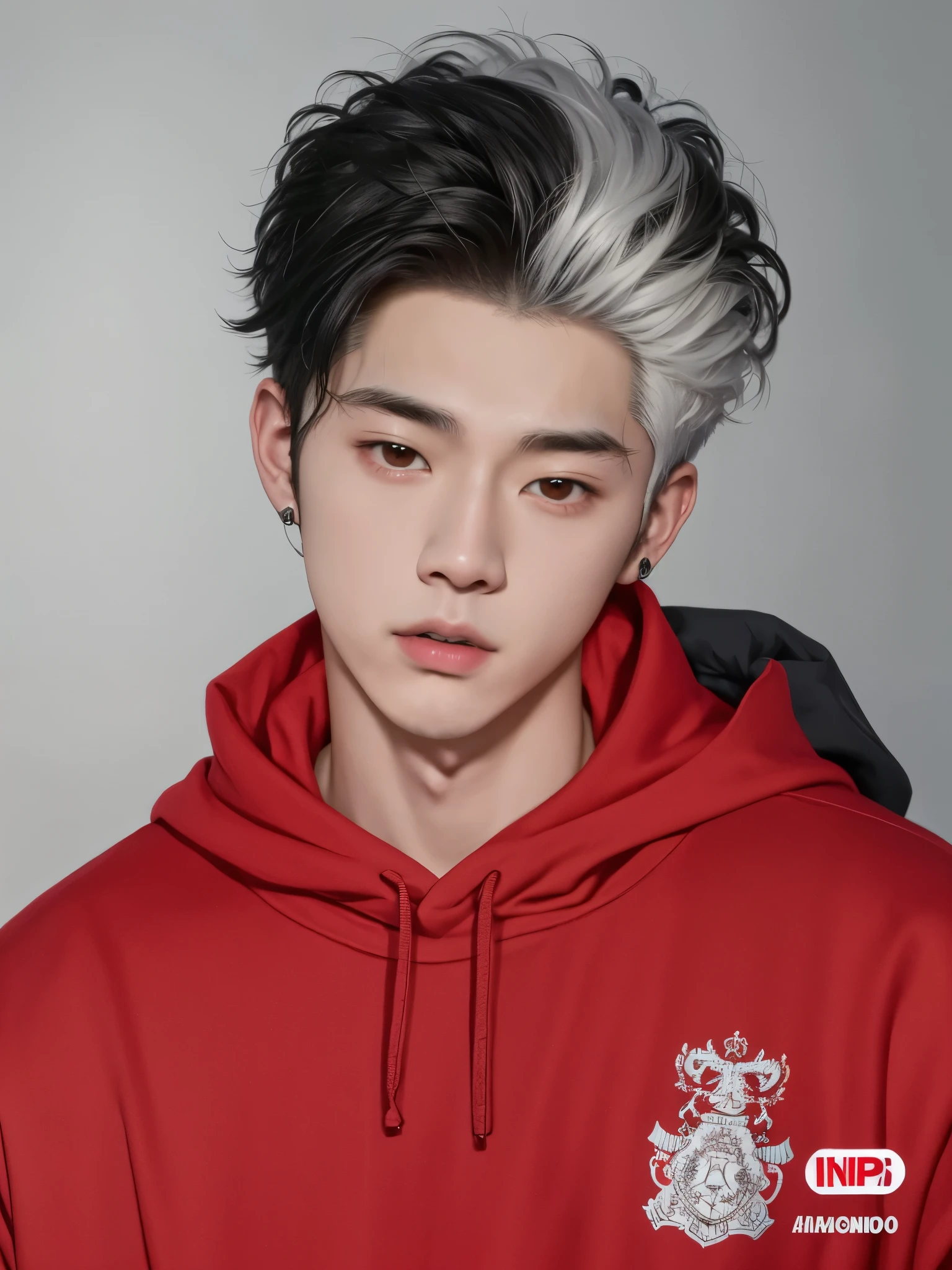 Hombre arafed con una sudadera con capucha roja y un gato blanco y negro en la cara., kim doyoung, cai xukun, handsome japanese demon boy, TaeJune Kim, pintar ulzzang, yanjun chengt, inspirado en Yanjun Cheng, inspirado en Kim Deuk-sin, 1 7-year-old boy with a thin face, el tiene pelos gris oscuro