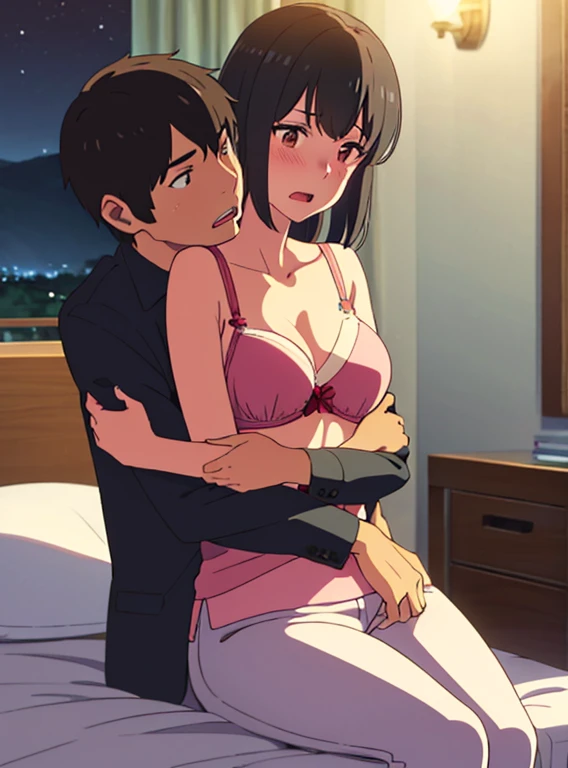 1middle age man, wrinkle face, black hair,bangs swept to the right side, Middle aged man behind girl, touching chest, biting shoulders, breatsgrope from behind, grab, grabbing chest,chestgrab behind back, removing bra, hold bra, hug back, hugging, neck kiss, 1girl, black hair, waterfall braid, red ribbon, long hair, brown eyes, collared shirt, unbuttoned, medium bresst, nipples, pink nipples, white pants, cute, open mouth, full body, long sleeves, cowboy shot, masterpiece, on a dating, blushing, bedroom, night, sit on bed