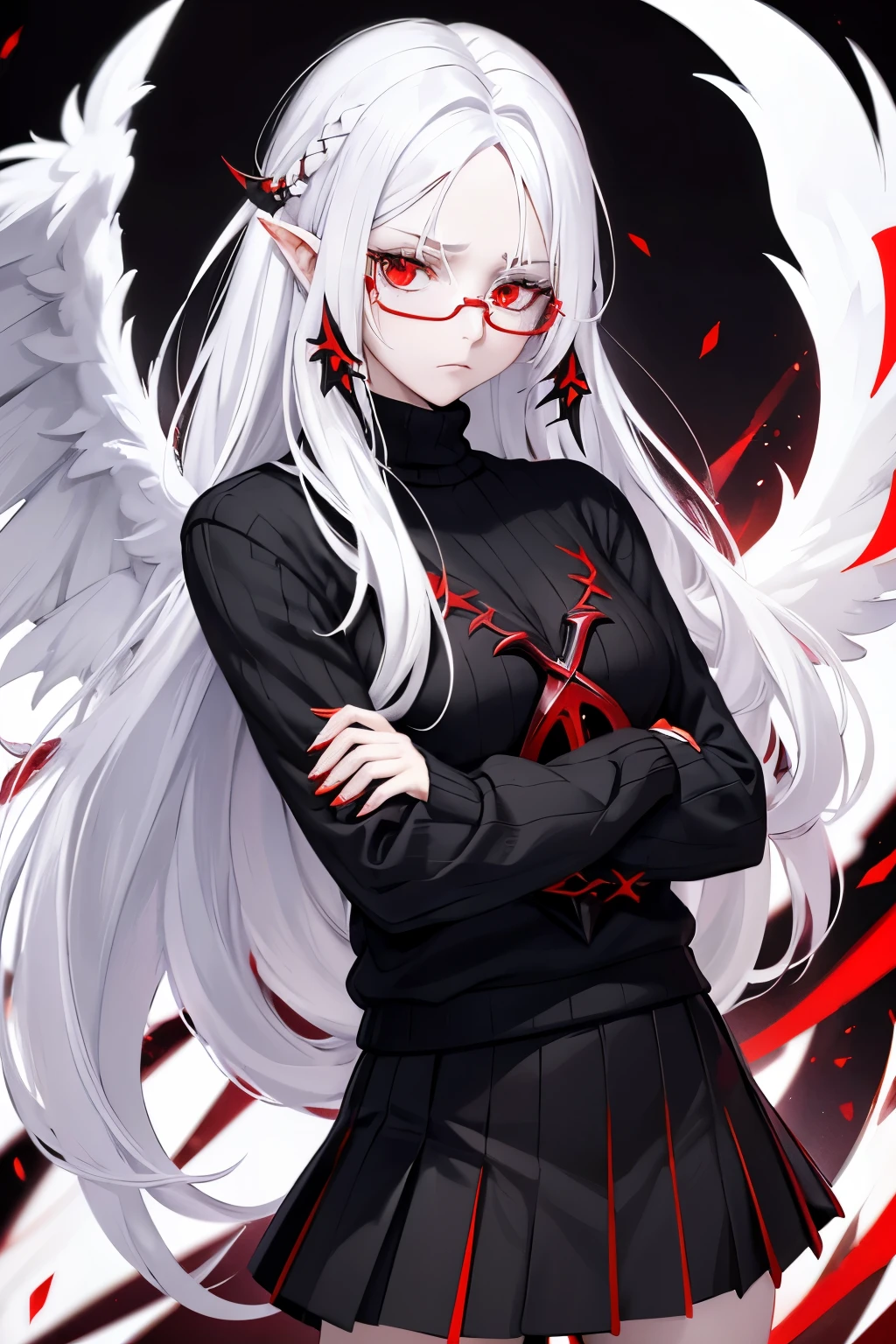 white hair, red eyes, woman, sweater, black sweater, skirt, black skirt, jojo pose, white hair, red eyes, long hair, sad, white glasses,  white background, wings, white wings, red aura, do not wear accessories on the hair, long weapon sickle, red weapon sickle, (sickle)