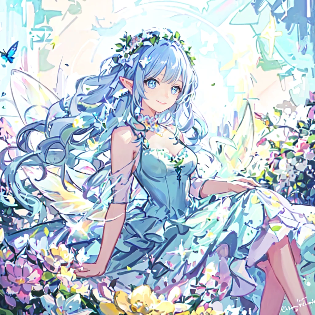 beautiful fairy girl in tiered colorful gradient ballgown dress, best quality,masterpiece,16k or 8K,ultra detailed,gradation sparkling ,One piece with plenty of frills、 queen of the fairies, giant white fairy wings、 Flowers and colorful plants, beautiful, masterpiece, highest quality、gradient hair, light blue hair, floating hair, wavy hair,fluffy hair、 very long hair, Hair ribbon at the back of the head, pastel wreath on head,Clear blue eyes, long eyelashes, pointy ears, light smile, bright pupils, ((Sparkling fluffy layered ball gown)), (magic, Whimsical), Long flowing colorful hair, colorful fantasia background, disney art style, There&#39;There&#39;s a glowing aura around her,  beautiful digital illustration, Fantasia otherworldly landscape plants flowers, beautiful, masterpiece, highest quality、chaplet、Relax and sit、glossy smile、beautiful蝶、