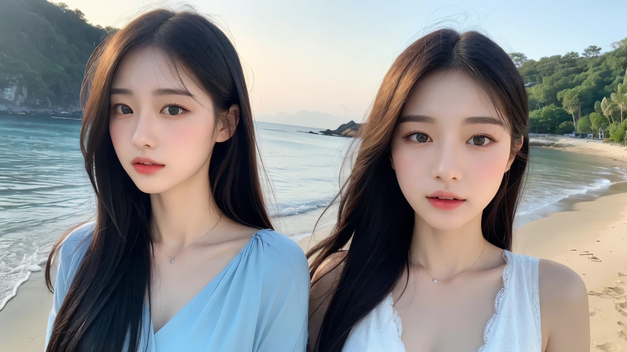 ((best quality, 8k, masterpiece: 1.3)), only 1 girl, Upper body, face slimming, pretty Woman, (black hair), Super detailed face, delicate eyes, double eyelids, blurred background, face slimming, seaside, external, beach,medium chest，above waist