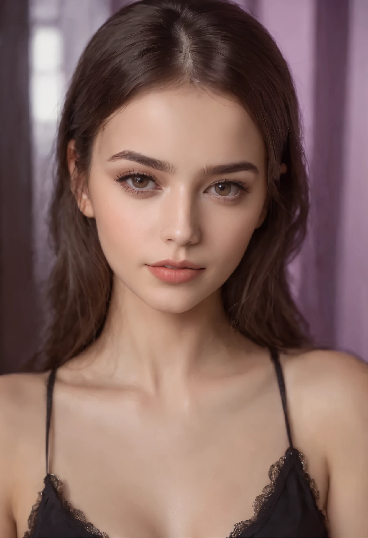 beautiful woman, italian woman, europian, europe woman, masterpiece, best quality, ultra detailed, photo realistic, shiny eyes, detailed face, full body, detailed body, full picture, beautiful eyes, purple eyes, detailed eyeshadows, detailed eyelashes, brown hair, side apart hairstyle, (attractive:1.5), sharp focus, seductive eyes, (short hair:1.2), (wavy hair:1.2), purple bodycon mini dress, (beautiful:1.5)
