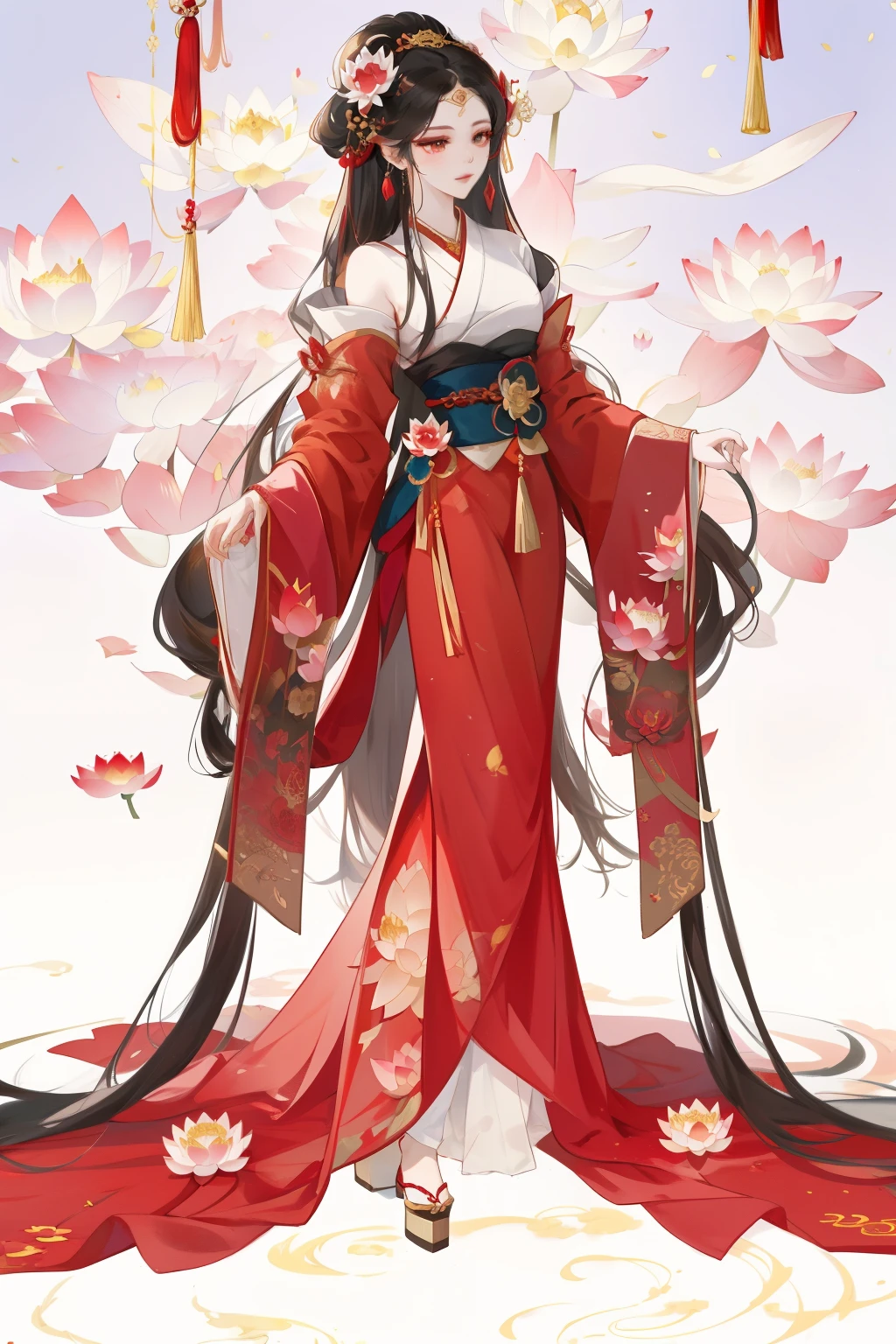 One wearing a red dress、Closeup of woman with flowers, Gilded Lotus Princess, Onmyoji Detailed Art, Inspired by Lan Ying, flowing magic robe, ((beautiful fantasy queen)), beautiful fantasy queen, Standing gracefully on the lotus, chinese princess, Inspired by Puhua, Inspired by Huang Ji, china goddess, Gorgeous flowing robe