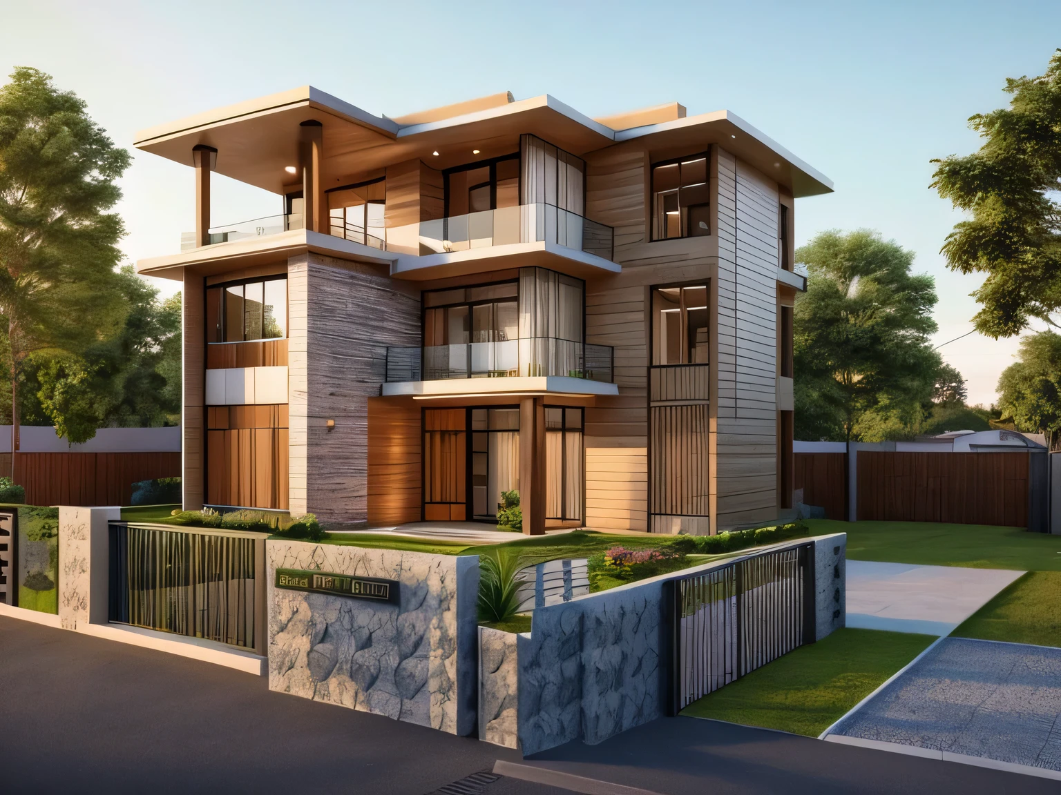 arafed view of a two story building with a balcony and a balcony, residential design, front elevation view, exterior design, 3d rendering, 3 d rendering, concept house, complete house, frontview, front-view, architectural render, architecture render, realistic concept, architectural 3 d render, elevation view, professional render, inter dimensional villa, detailed rendering,front yard, stone and grass path