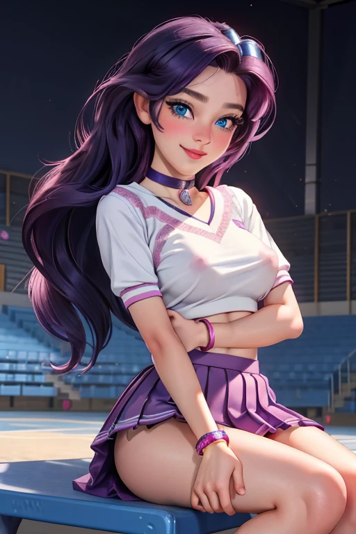 UNICODE(masterpiece, best quality:1.2),&lt;�lora:mlp_rarity-10:1&gt;,cowboy shot,female,solo,1girl,mlprarity,smile,looking at viewer,hands on hips,hair ornament, cheerleader uniform, pleated miniskirt, jewelry,bracelet,highres,masterpiece, adult,perfect skin,choker,detailed eyes,blue eyes,choker,sensual,pink lips,((glossy lips)) sitting on bleachers, legs spread, up skirt, flashing tits, lifting shirt up, bare breasts, visible nipples, (upper body), 18 year old woman,large nipple-piercing, nipple rings, exposed breasts, cheerleading uniform, cheerleader sweater, flashing pussy, upskirt, pleated miniskirt, Masterpiece, best quality, 1girl, shirt lift, pussy, sexy, realistic
