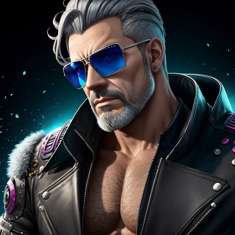 Edlintramos with grey beard and sunglasses, arte cyberpunk, arte funk, cores gradientes deslumbrantes, retrato estilizado h 704, pompadour, streamer twitch, cores frias. insanamente detalhado, t-800, sem assinatura de marca d&#39;water, em cores ricas, ultrapassado 