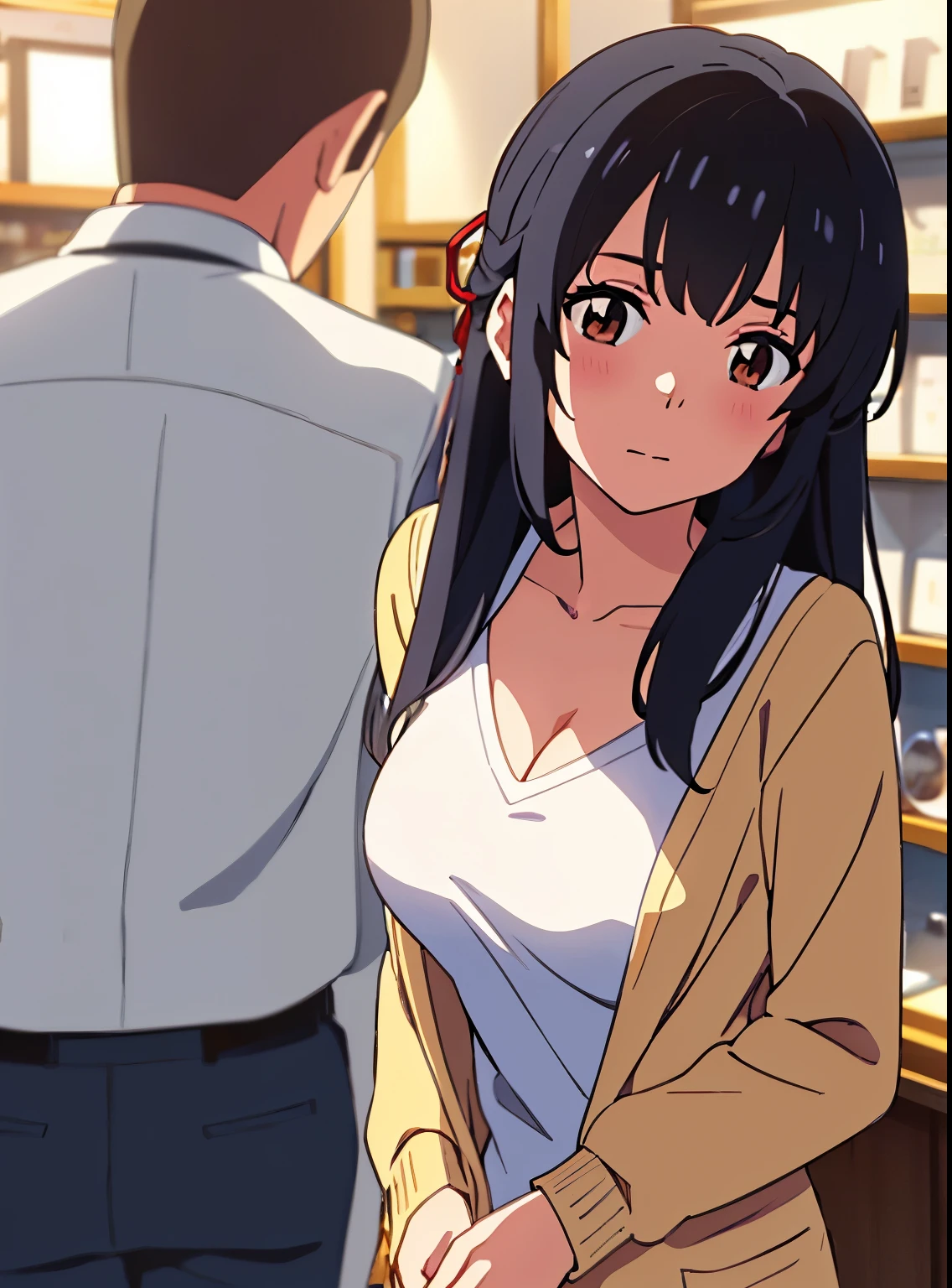 shinkai makoto, kimi no na wa., 1boy, buzzcut, iffice suit,boy touching girl chest,chestgrope from behind, kiss cheeks, passionate hug, boy is hugging from behind, 1girl, bangs, black hair, brown eyes, twisted half up, red ribbon, long hair, long sleeve light yellow cardigan, open shirt, white shirt, cleavage, breast, medium breast, blue pants, name tag written "LUMINE Miyamizu", looking at the viewer, indoors, jewelry shop, indoors, mallmasterpiece, perfect anatomy, cowboyshot,