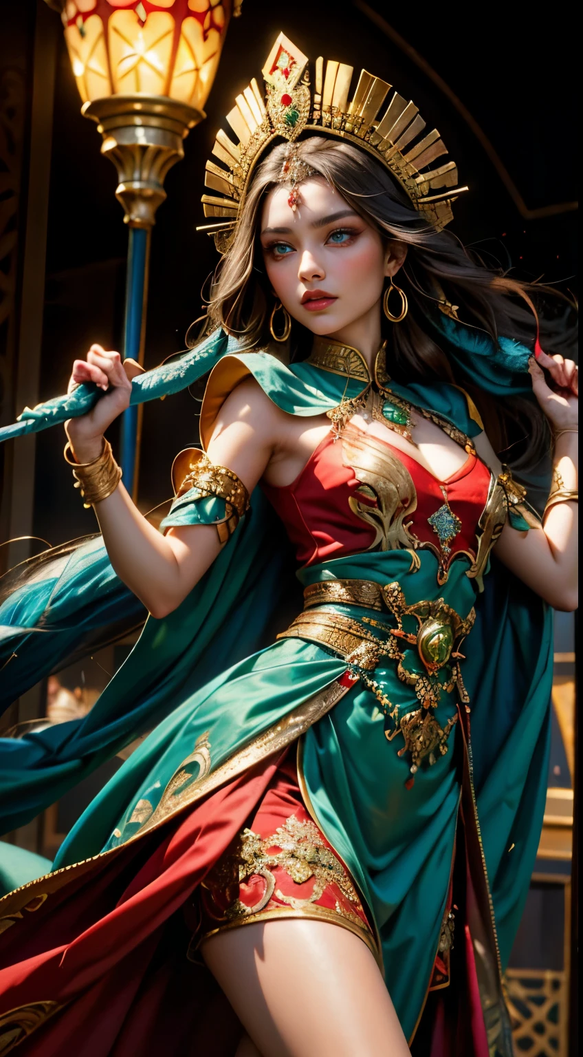Masterpiece (Highest Quality), Ultra-detailed, Woman with an Uzbek Face, Vibrant Color Palette, Red, Green, Gold, Blue Eyes, Long Hair, Fantasy Uzbek Clothing, Small Weapons, Jumping, Raising Hands, Magic or Power
This magnificent image portrays a striking woman with an authentic Uzbek features, adorned in elaborate and fantastical Uzbek clothing. The rich, red, green, and gold colors of her attire shimmer under the light, enhancing her beauty and mystique. Her deep blue eyes radiate intensity, adding to the captivating allure of her face. long