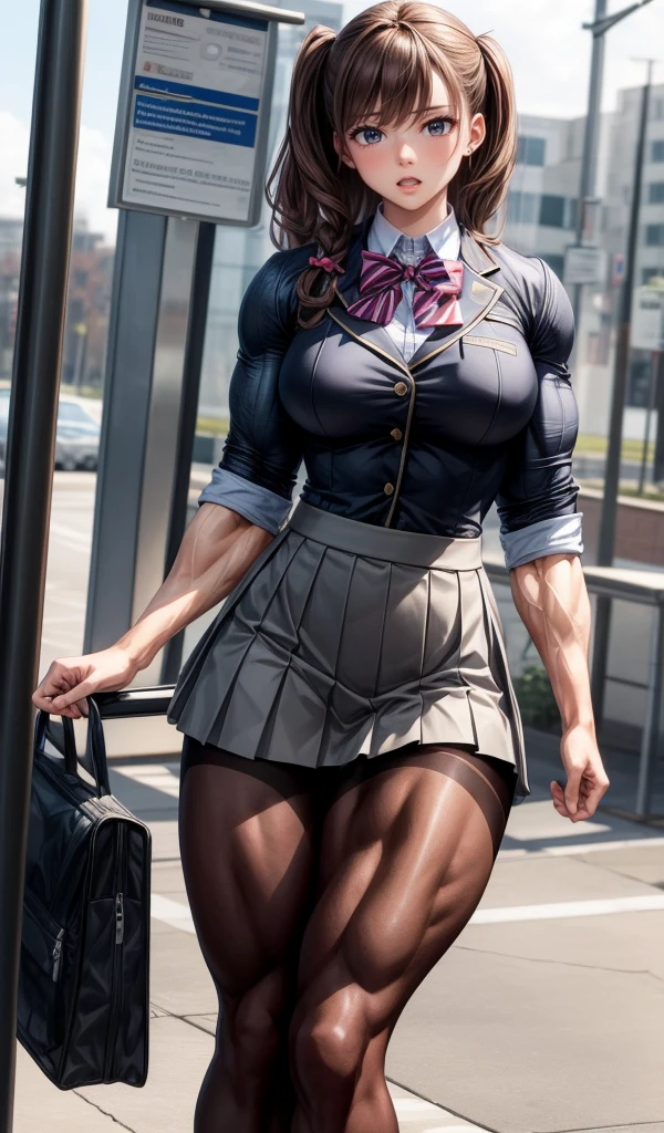 , (muscular female:1.1),school uniform jacket, skirt lift,bow panties,muscular thighs
masterpiece, best quality,  extremely detailed face, perfect lighting, extremely detailed CG,open mouth,bus stop,brown pantyhose