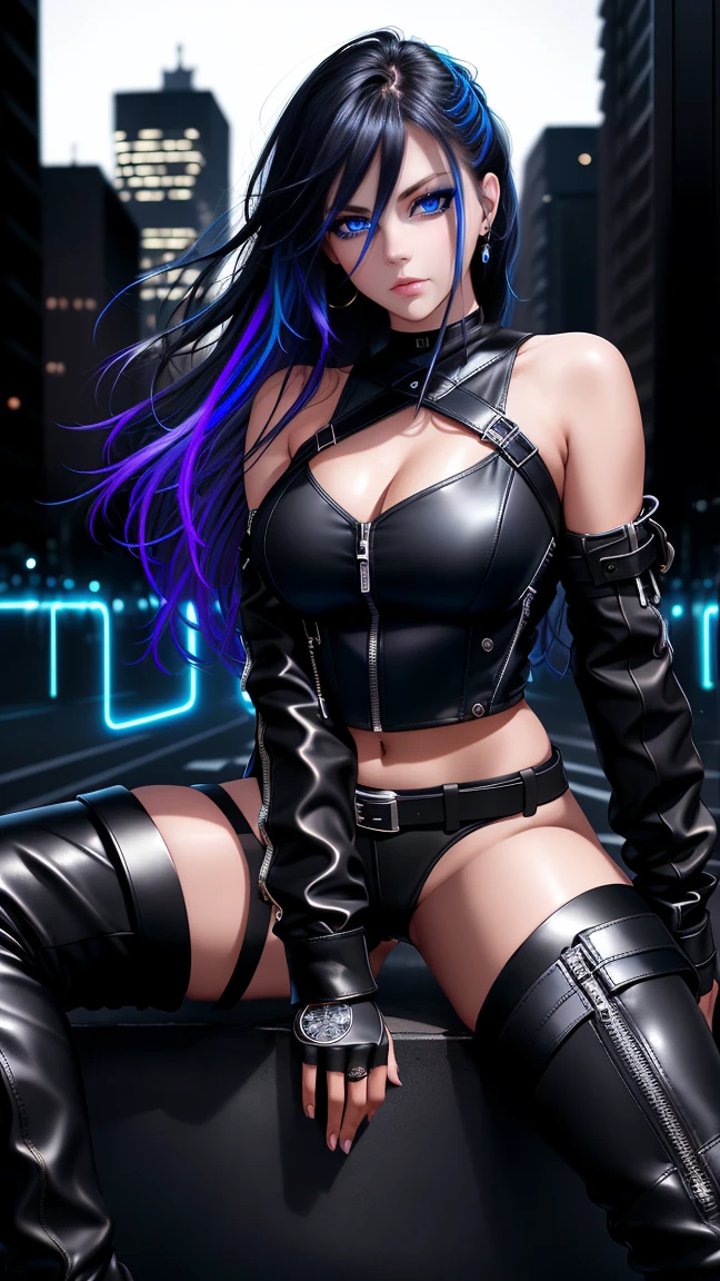 beautiful girl, full body, bright blue neon streaked dishevelled hair, ((large light realistic detailed eyes:1.3)), ((seductive pose:1.5)), black eyeshadow, (street style wear:1.2), ((tight fitted short pants)), ((thigh high leather boots:1.3)), ((dark city night black background:1.4)), dark makeup, digital art, trending on artstation, highly detailed, fine detail, intricate, beautiful detailed glow, detailed, Cinematic light, high-res, detailed facial features, sharp focus, smooth, aesthetic,