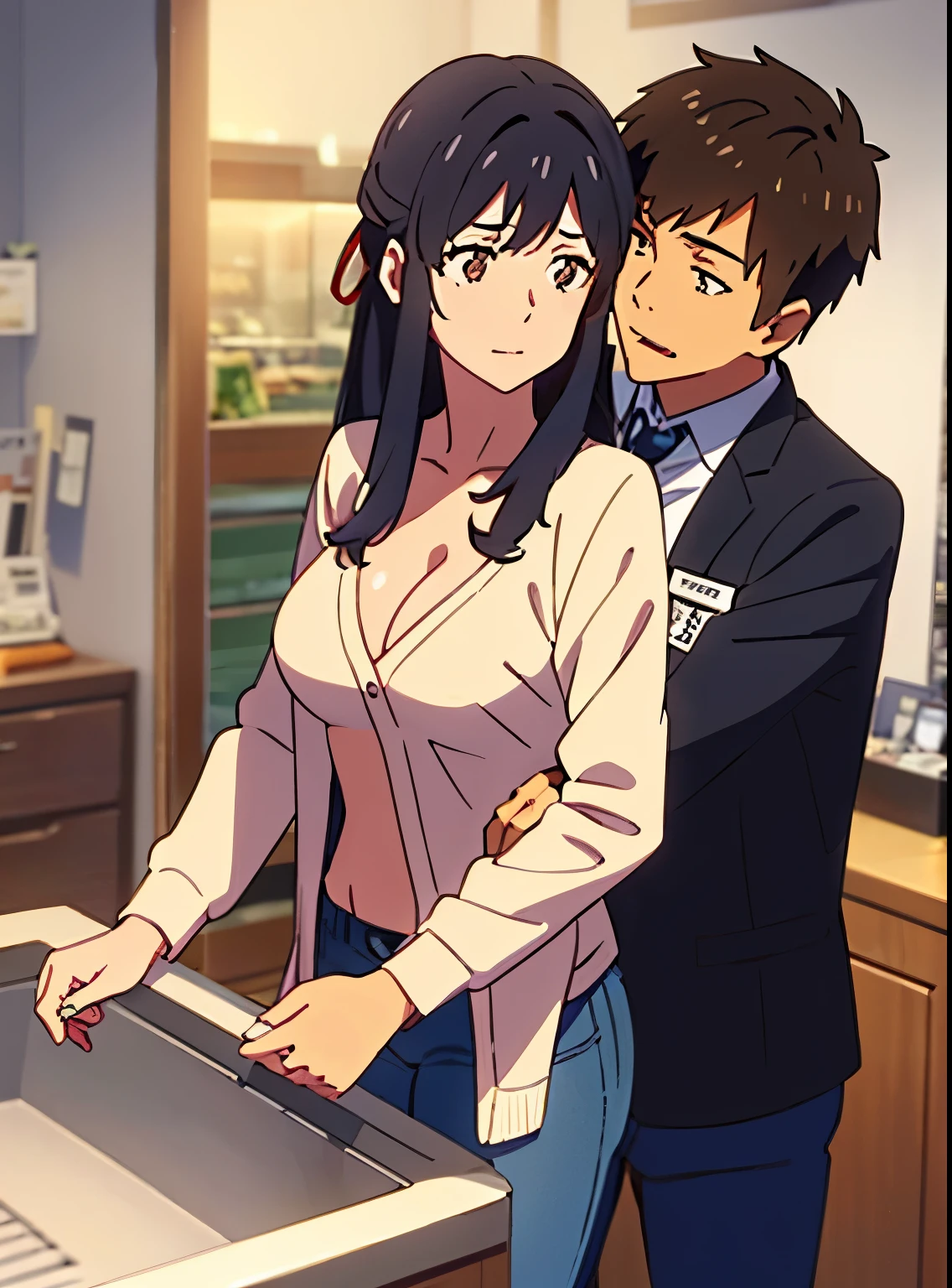 shinkai makoto, kimi no na wa., 1boy, buzzcut,office suit, boy caressing girl's body, boy is hugging from behind, ear biting 1girl, bangs, black hair, brown eyes, Twisted Half Up, red ribbon, long hair, long sleeve light pink cardigan, open shirt, yellow shirt, cleavage, breast, medium breast, storage room, indoors, masterpiece, perfect anatomy, cowboyshot
