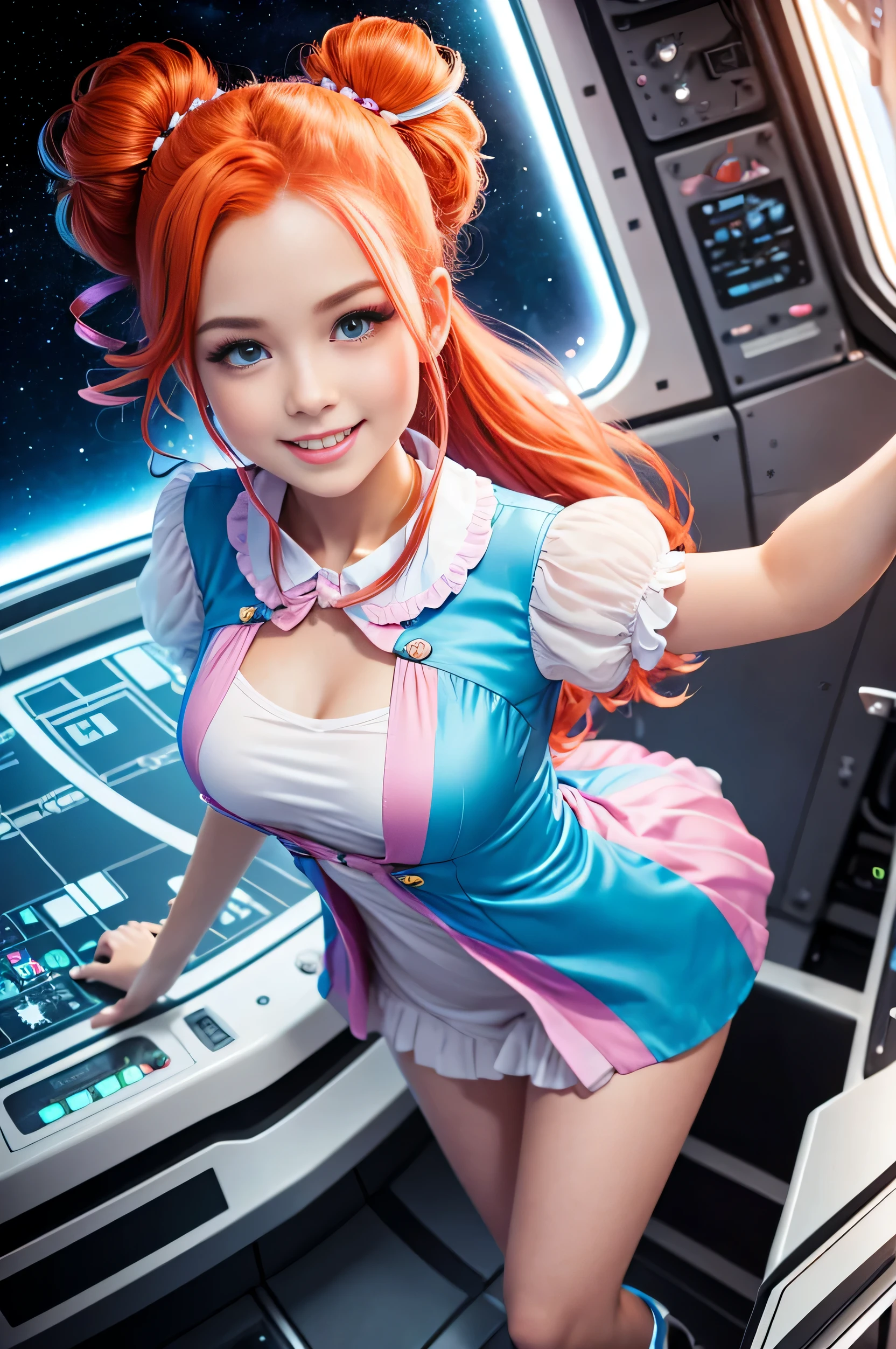 (overhead view) Cute redhead with rainbow colored hair tips, ribbons in her hair, 18-year-old woman, happy, smiling, in twin tails, perfect eyes, clear sparkling blue eyes, pale skin, silky smooth skin, flying a fancy metal luxurious space ship, futuristic cockpit, she's a pilot, outer space seen in windows, dark warm lighting, wearing a futuristic party dress, pleated (chemise) mini dress (pastel rainbow colors, and polka dots), puffy sleeves, silk, pantyhose, cute short cut booties, boots.