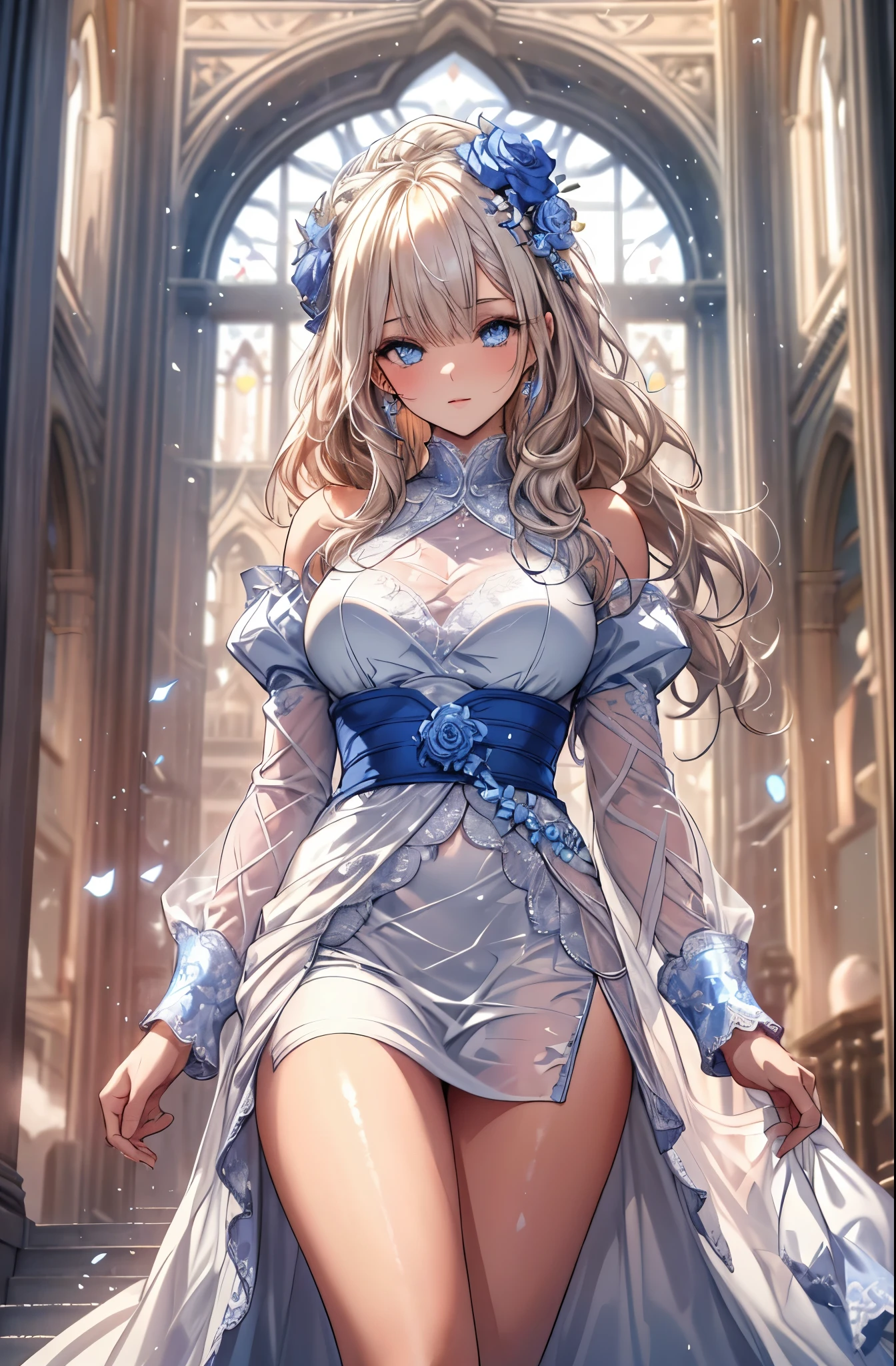 masterpiece, highest quality, 8K, High resolution, be familiar with, Beautiful woman, clear eyes, clearly drawn face, beautiful and well-shaped face, long eyelashes, Beautiful white dress with blue lace, platinum blonde soft curly hair, blue shining eyes, A castle garden filled with blue and white flowers, shiny thighs, sexy pose, perfect proportions, toned body,