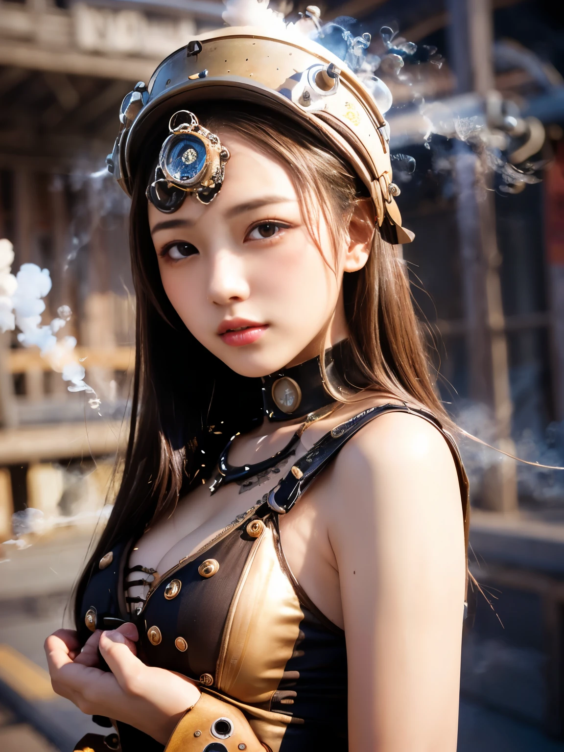 bokeh, masterpiece, analog photo, RAW, beautiful high school girl, Light brown long hair, Light brown beautiful eyes, Blushed face, (Japanese idol:1.5), Plump breast, (steam punk:1.5), Looking at the viewer, cowboy shot, sundown station,