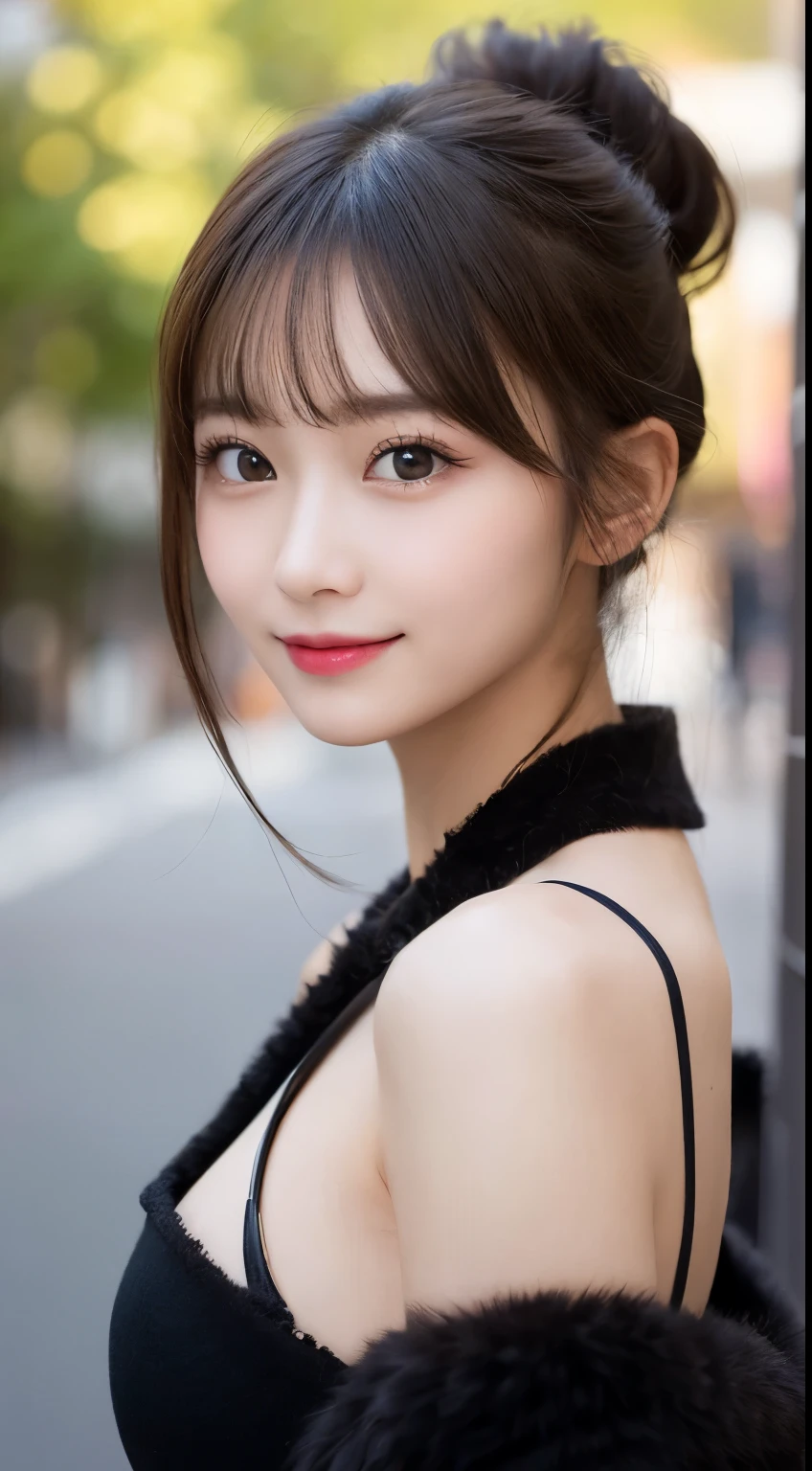 table top, highest quality, shape, Super detailed, finely, High resolution, 8k wallpaper, 完璧なダイナミックな構shape, beautiful and detailed eyes, tokyo trend冬ファッション,tokyo trend&Introducing cute hairstyles at random, small breasts, natural color lip, random sexy pose,cute smile、20 year old girl、beautiful and detailed face、perfect and beautiful face,Big eyes、Wearing a fluffy black luxury mink coat、beautiful detailed face、perfect and beautiful double eyelids、blur the background、perfect and beautiful face、bright look、Twin ponytail hairstyle