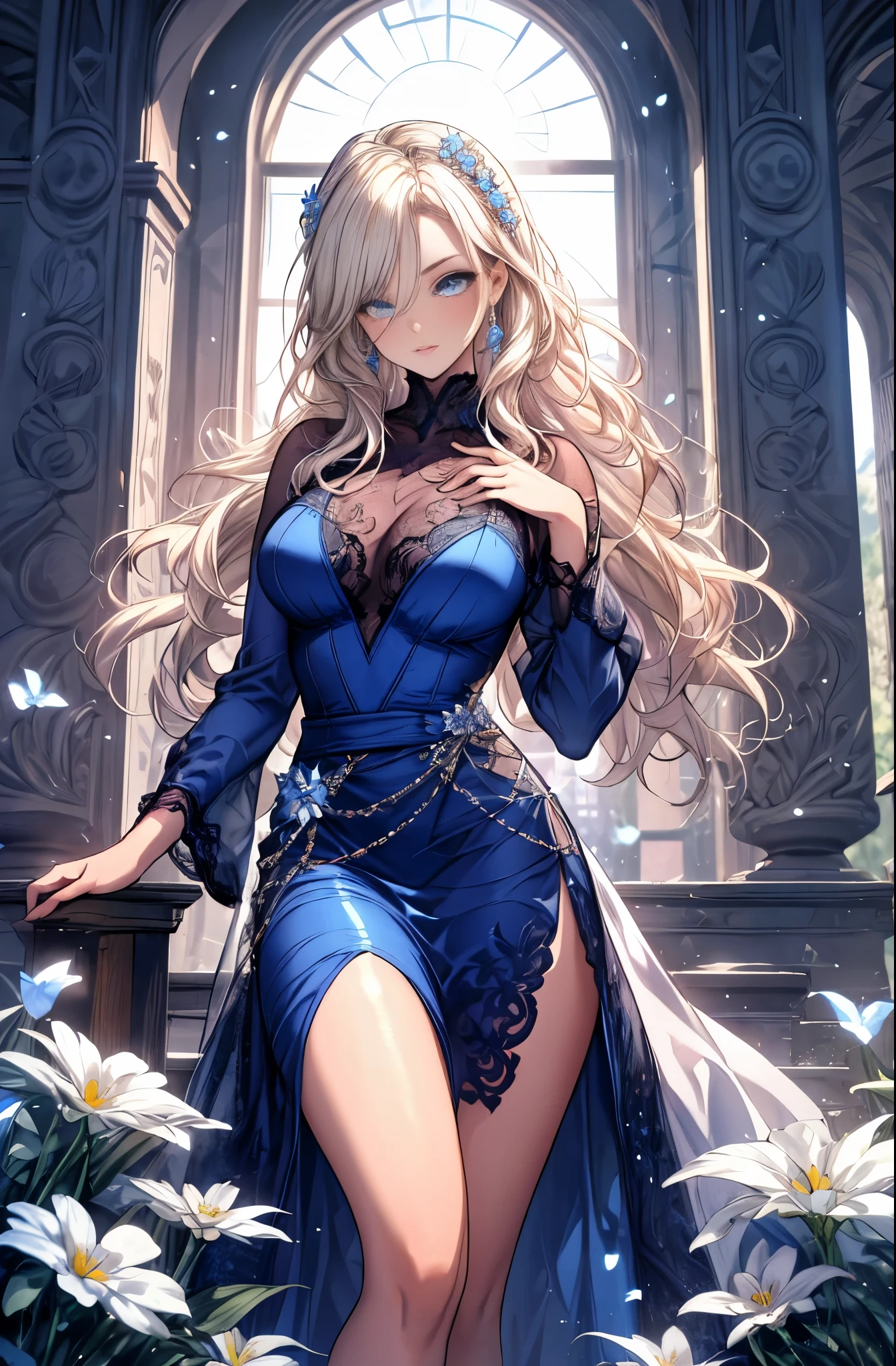 masterpiece, highest quality, 8K, High resolution, be familiar with, Beautiful woman, clear eyes, clearly drawn face, beautiful and well-shaped face, long eyelashes, beautiful blue lace dress, platinum blonde soft curly hair, blue shining eyes, A castle garden filled with blue and white flowers, shiny thighs, sexy pose, perfect proportions, toned body,