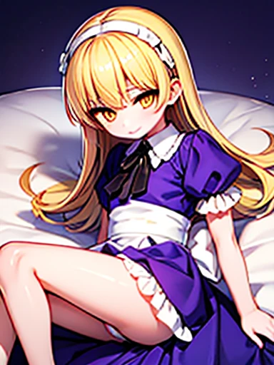 nsfw,sex、rape、vaginal 、lie down、On your back、sleep、Held down、Alice、美girl、girl、delicate、beautiful, whole body, smile, smile alicesmt, dress, long hair, blonde hair, hair band, dull bangs, puffy sleeves, blue dress, yellow eyes