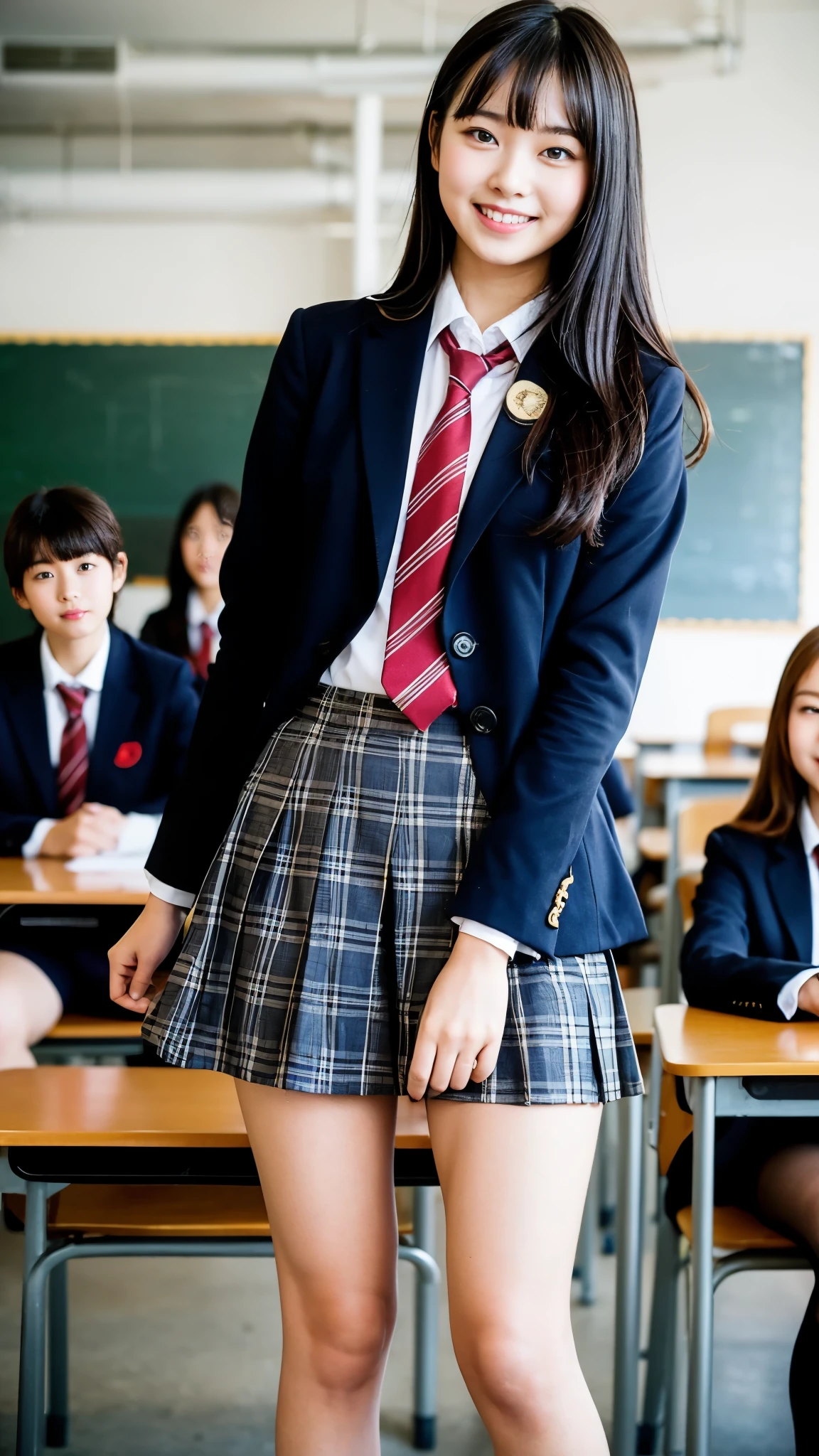 Girl Standing In School Classroom,Red Tie Uniform,Dark Blue Closed Blazer,Blue plaid skirt,18-year-old,bangs,a little smile,thighs,knees,from below,random pose,pretty girl,