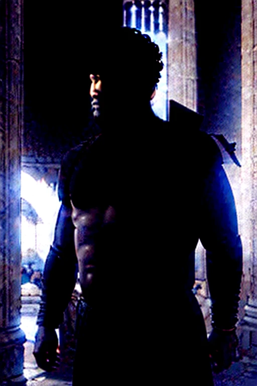 A dark landscape image of an ancient greek society deeply connected to stoicism, ancient greek architecture, include one single big statue of a stereotypical strong greek man, marcus aurelius --ar 16:9