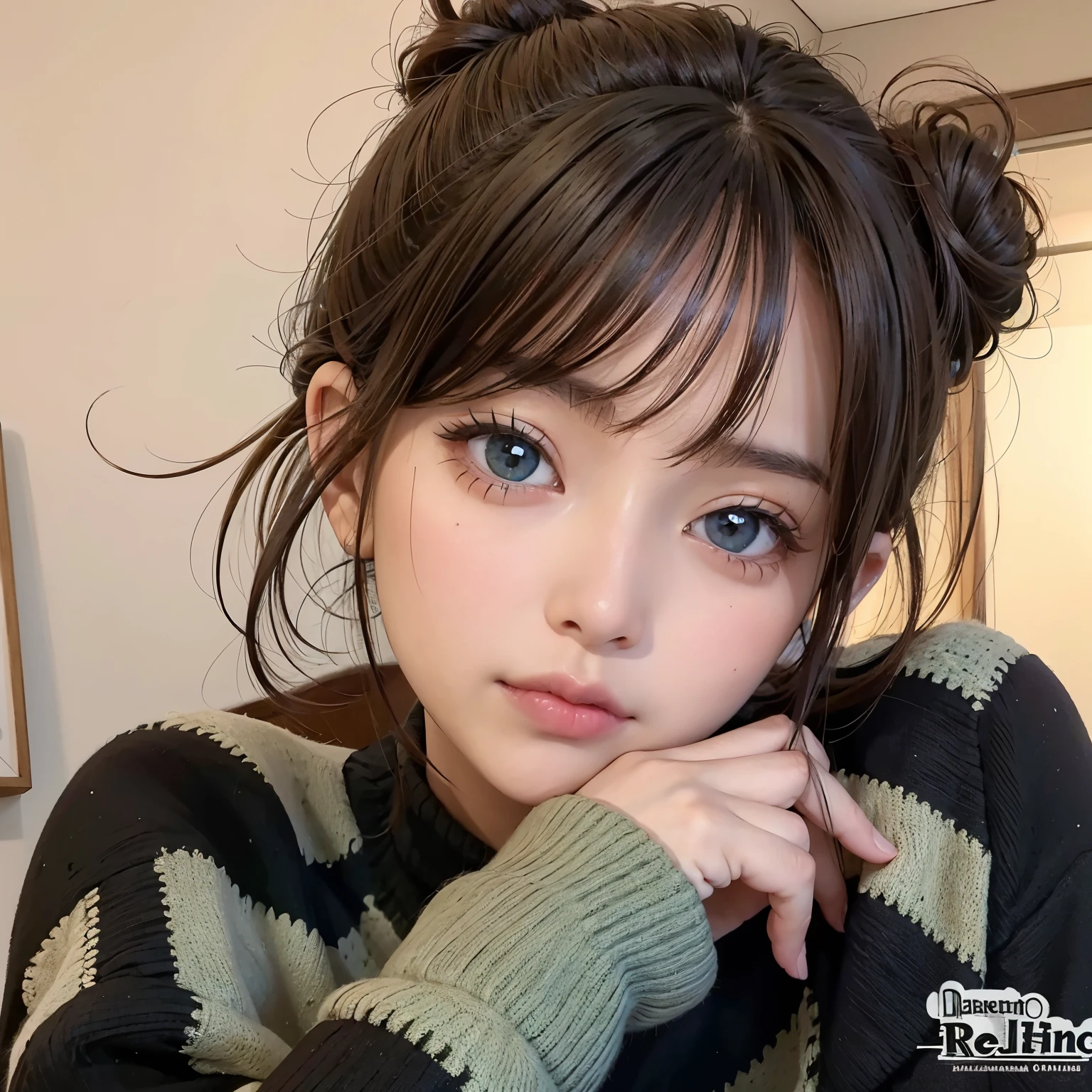 arafed woman with a messy bun in a green and black sweater, ulzzang, linda cara de anime natural, retrato realista kawaii, lindos ojos verdes redondos rasgados, brown hair and big eyes, flequillo esponjoso, maquillaje suave, Tono verde claro hermosa cara, Grandes ojos redondos lindos, cabello limpio con flequillo, brown hair with bangs, chica linda-cara-fina