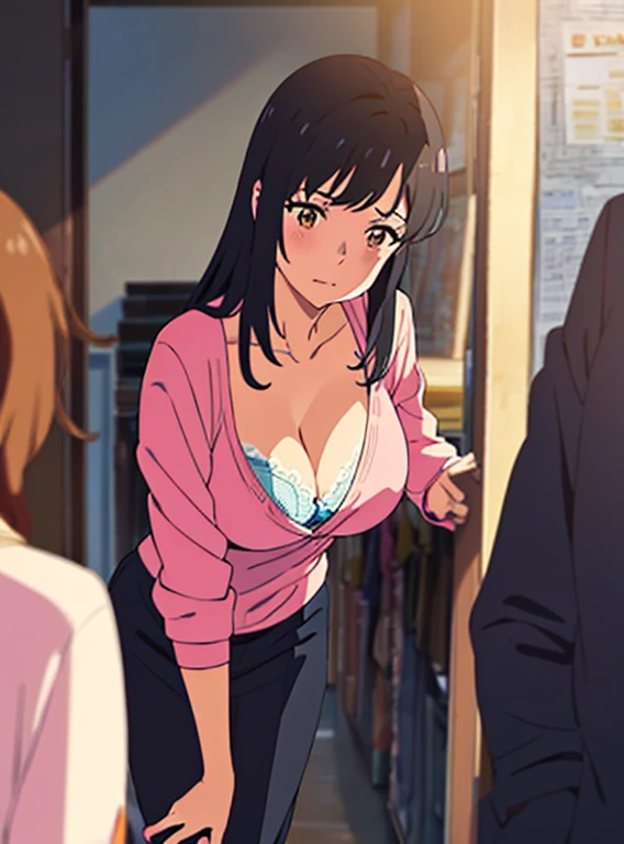 shinkai makoto, kimi no na wa., 1middle age man, wrinkle face, black hair,bangs swept to the right side, office suit, middle aged man caressing girl's body, kiss cheeks, sex from behind, sex, Doggystyle, boy is hugging from behind, chestgrope from behind, middle aged man is touchig girl's chest, hold chest, 1girl, bangs, black hair, brown eyes, Twisted Half Up Hair, red ribbon, long hair, yellow collared shirt, open shirt, off shoulders,unbuttoned shirt, pink bra, cleavage, breast, medium breast, bottomless, storage room, indoors, masterpiece, perfect anatomy, cowboyshot