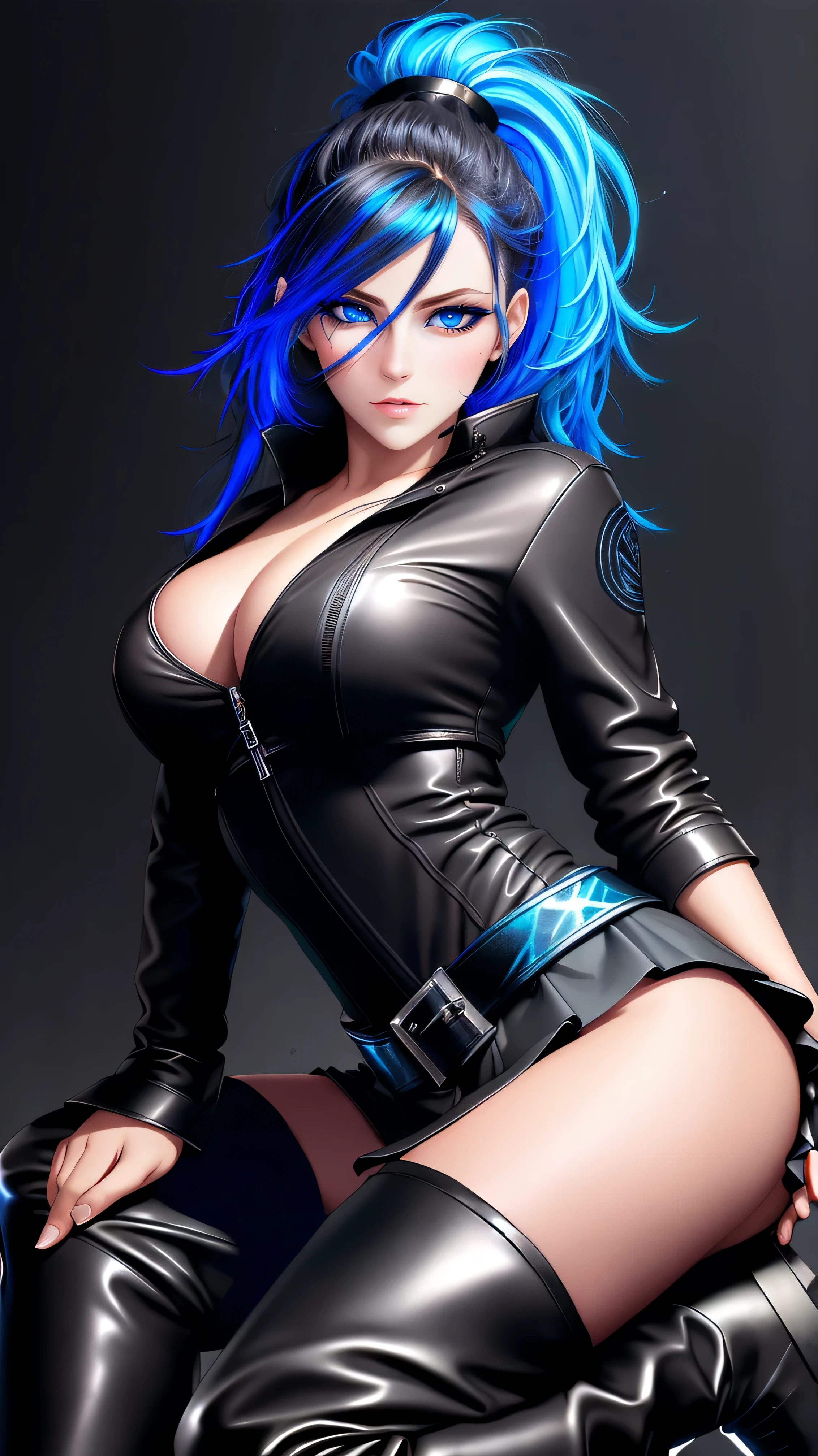 beautiful girl, full body, bright blue neon streaked dishevelled hair, ((large light realistic detailed eyes:1.3)), ((seductive pose:1.5)), black eyeshadow, (street style wear:1.2), ((tight fitted short skirt)), ((thigh high leather boots:1.3)), ((dark plain black background:1.4)), dark makeup, digital art, trending on artstation, highly detailed, fine detail, intricate, beautiful detailed glow, detailed, Cinematic light, high-res, detailed facial features, sharp focus, smooth, aesthetic,