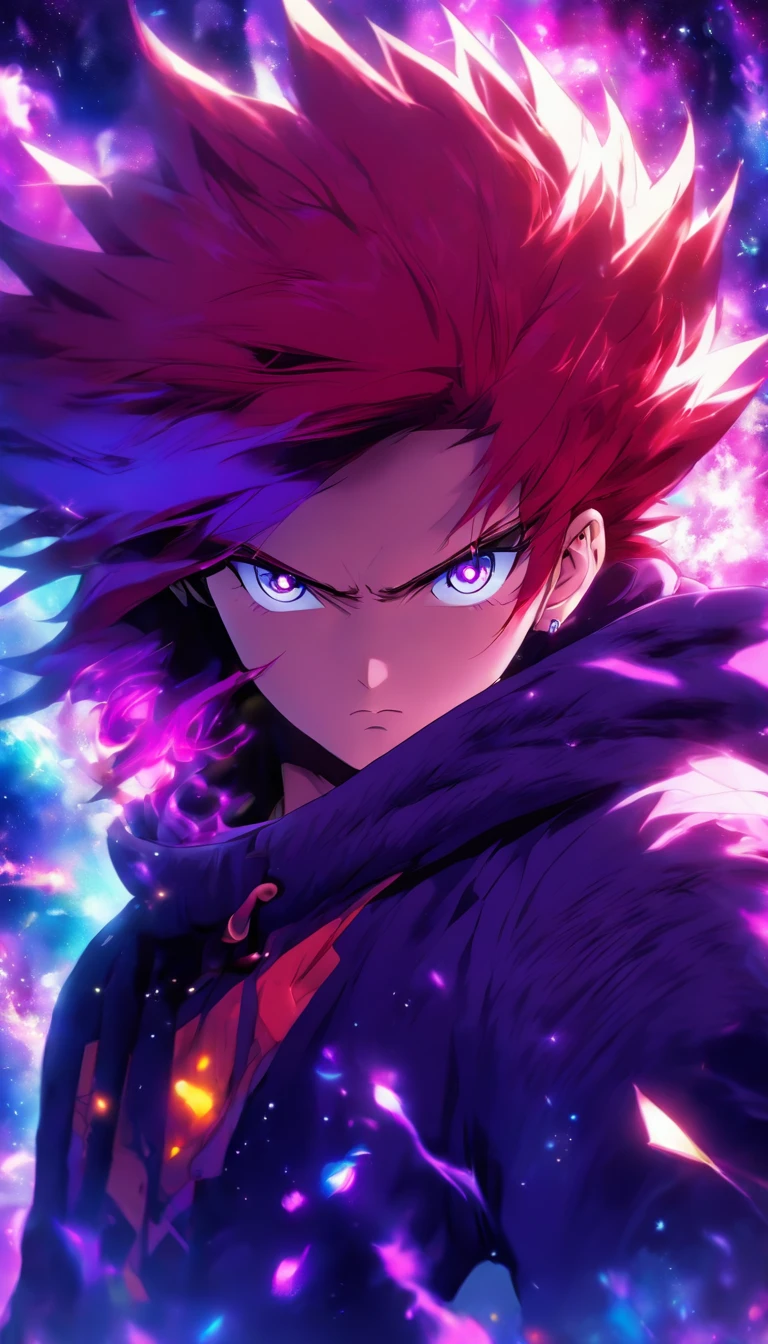 1 man, wear Hoodie, red hair, purple eye, cosmic background