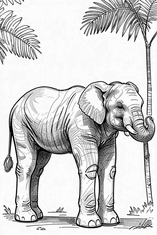 coloring book for kids, elephant, background jungle, white background, monochrome, line drawing, ((sketch))