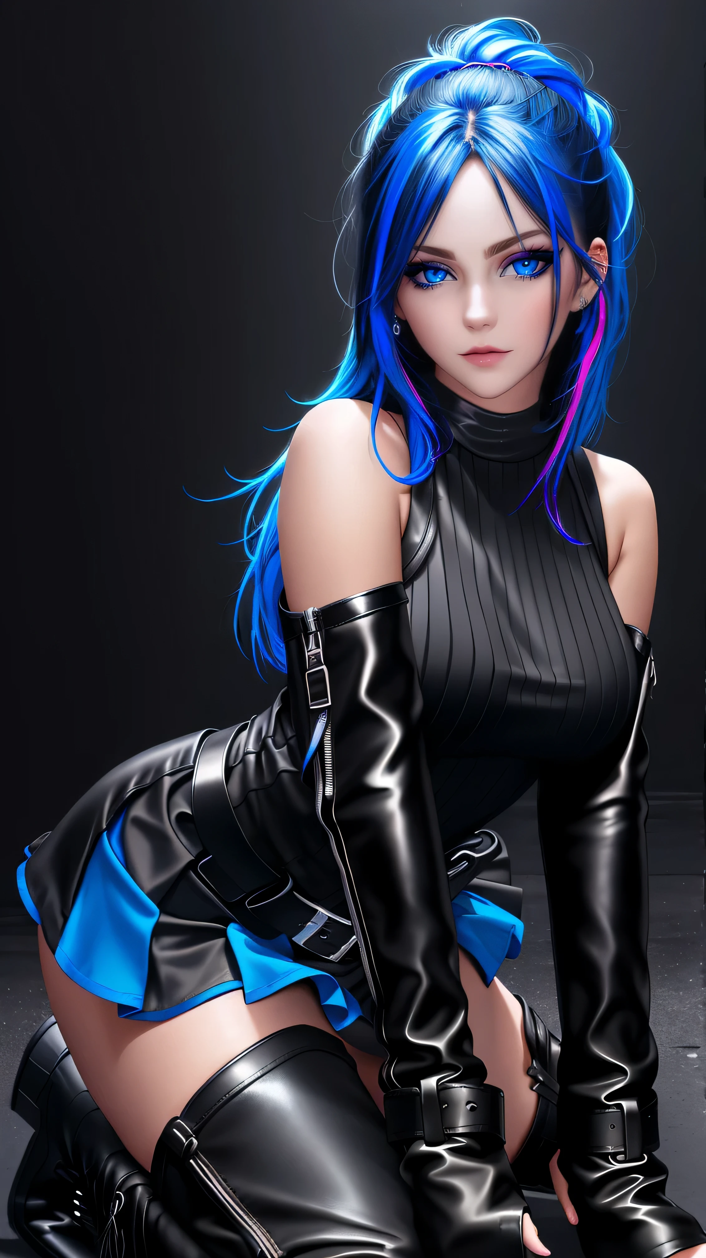 beautiful girl, full body, bright blue neon streaked dishevelled hair, ((large light realistic detailed eyes:1.3)), ((seductive pose:1.5)), black eyeshadow, (street style wear:1.2), ((tight fitted short skirt)), ((thigh high leather boots:1.3)), ((dark plain black background:1.4)), dark makeup, digital art, trending on artstation, highly detailed, fine detail, intricate, beautiful detailed glow, detailed, Cinematic light, high-res, detailed facial features, sharp focus, smooth, aesthetic,