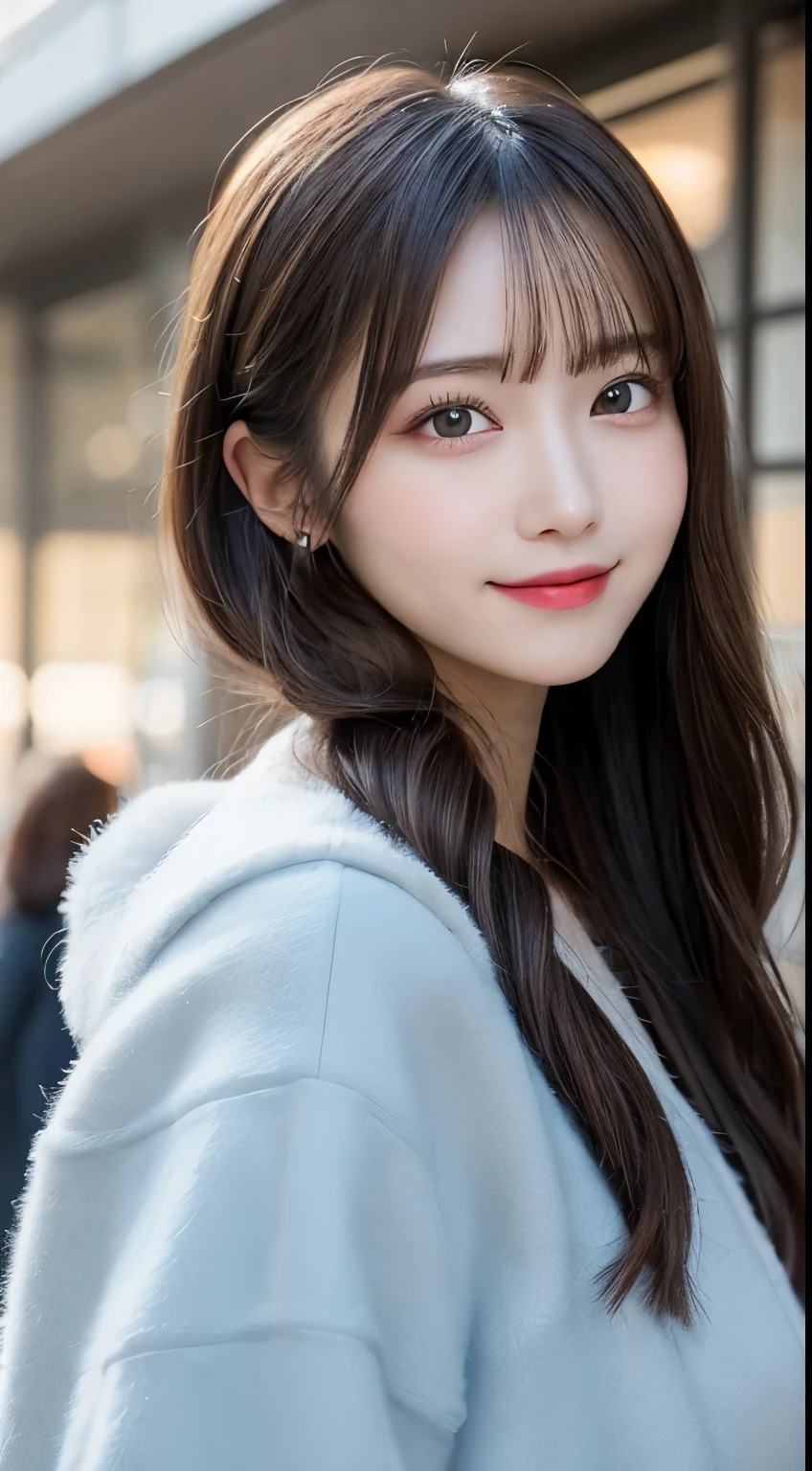 table top, highest quality, shape, Super detailed, finely, High resolution, 8k wallpaper, 完璧なダイナミックな構shape, beautiful and detailed eyes, tokyo trend冬ファッション,tokyo trend＆Introducing cute hairstyles at random, small breasts, natural color lip, random sexy pose,cute smile、20 year old girl、beautiful and detailed face、perfect and beautiful face,Big eyes、Wearing a fluffy black luxury mink coat、beautiful detailed face、perfect and beautiful double eyelids、blur the background、perfect and beautiful face、bright look、Twin ponytail hairstyle