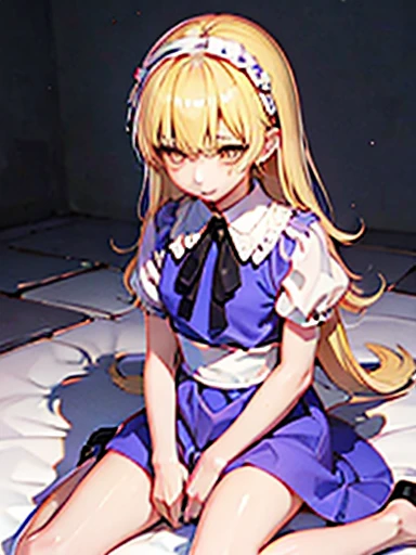 nsfw,sex、rape、vaginal 、lie down、On your back、sleep、Held down、Alice、美girl、girl、delicate、beautiful, whole body, smile, smile alicesmt, dress, long hair, blonde hair, hair band, dull bangs, puffy sleeves, blue dress, yellow eyes