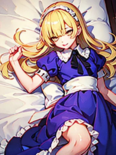 nsfw,Sleep in bed、lie down、On your back、open your legs、vaginal ＿Large amount、Hand up、Holding a pillow、Alice、美girl、girl、delicate、beautiful, whole body, smile, smile alicesmt, dress, long hair, blonde hair, hair band, dull bangs, puffy sleeves, blue dress, yellow eyes