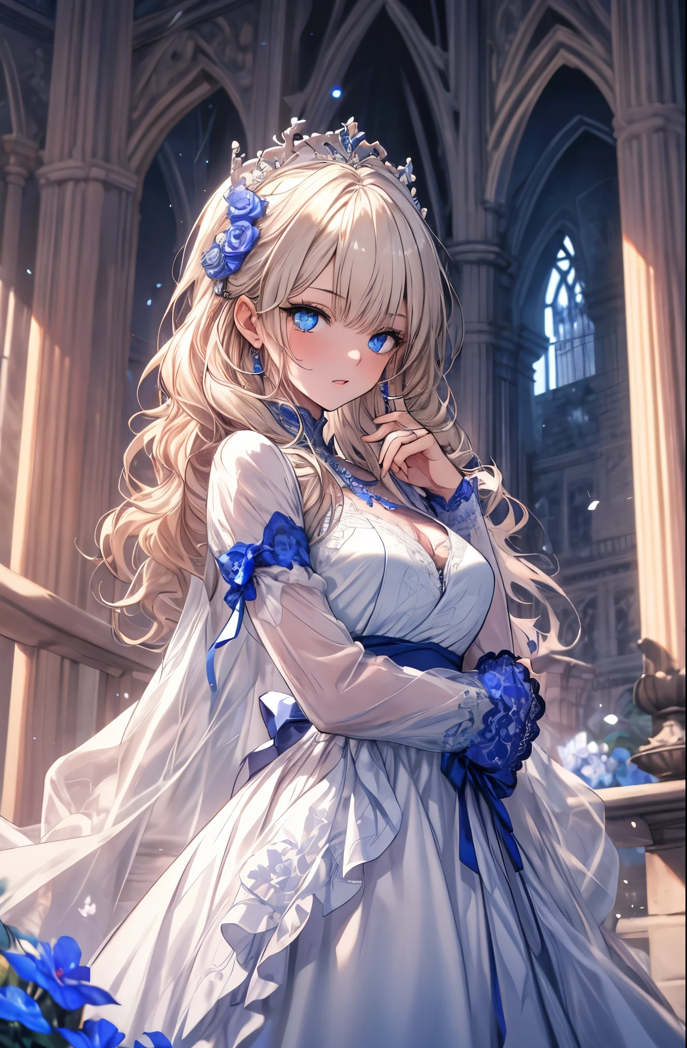 masterpiece, highest quality, 8K, High resolution, be familiar with, Beautiful woman, clear eyes, clearly drawn face, beautiful and well-shaped face, long eyelashes, Beautiful white dress with blue lace, platinum blonde soft curly hair, blue shining eyes, A castle garden filled with blue and white flowers, shiny skin, random pose, perfect proportions, Tight and slender body,