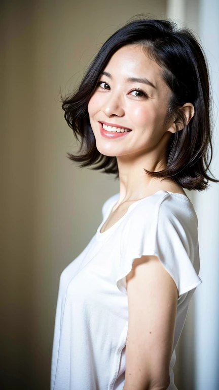 (highest quality, 8K, 32K, masterpiece, UHD:1.2),beautiful woman pictures, 50-year-old Japanese woman with age-appropriate wrinkles, natural makeup, and flat chest, smile, (Wrinkles:1.3) at the corners of the eyes, laugh lines, wrinkled skin, thin lips, slender face, long-slitted eyes, ((whole body)),Are standing,face focus, extra large size_white t-shirt,one person,morning,nature,healthy,stylish,Good posture,sporty,simple room,Fashion Model,Bob Hairstyles
