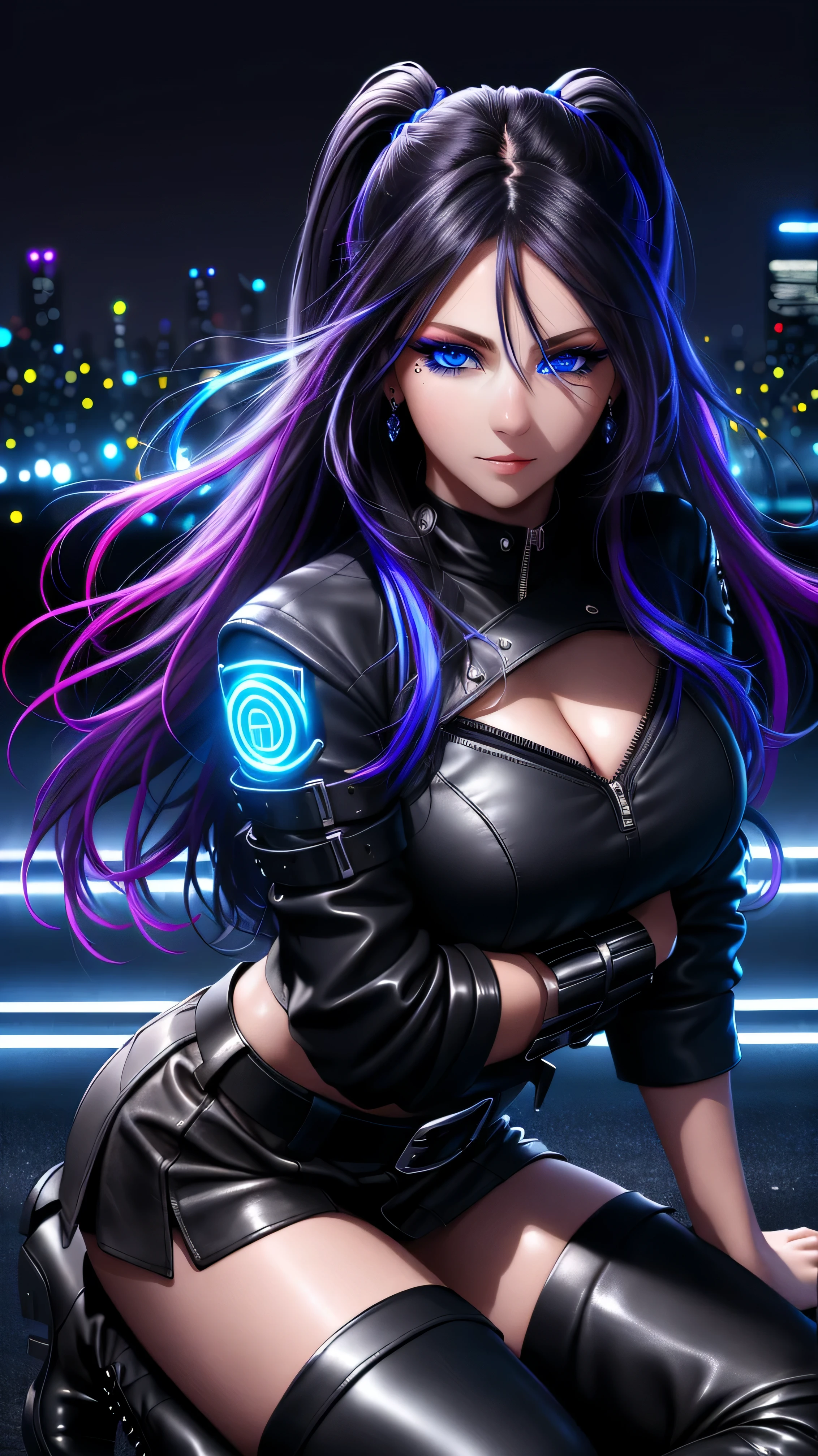 beautiful girl, full body, bright blue neon streaked dishevelled hair, ((large light realistic detailed eyes:1.3)), ((seductive pose:1.5)), black eyeshadow, (street style wear:1.2), ((tight fitted short skirt)), ((thigh high leather boots:1.3)), ((dark city night black background:1.4)), dark makeup, digital art, trending on artstation, highly detailed, fine detail, intricate, beautiful detailed glow, detailed, Cinematic light, high-res, detailed facial features, sharp focus, smooth, aesthetic,