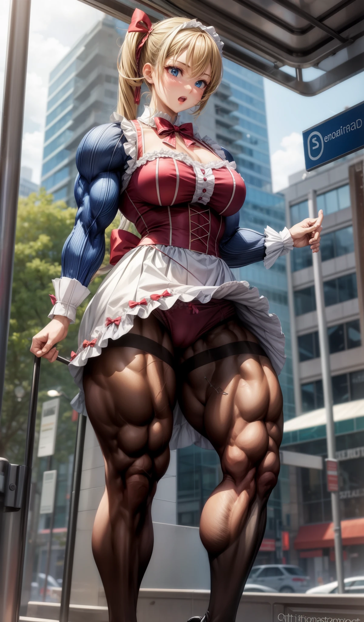 , (muscular female:1.1),ta fashion, skirt lift,bow panties,muscular thighs
masterpiece, best quality, extremely detailed face, perfect lighting, extremely detailed CG,open mouth,bus stop, pantyhose