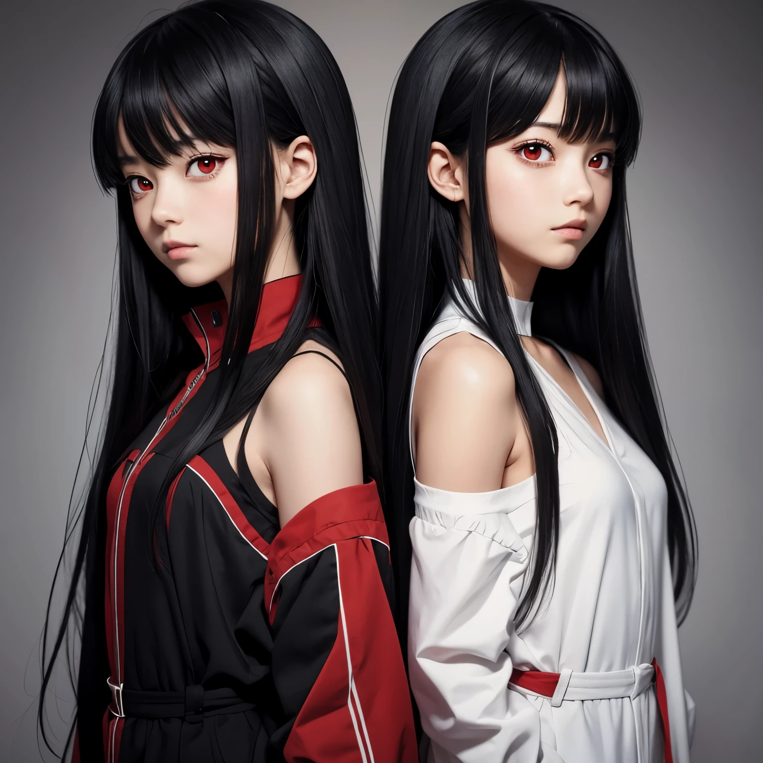 Portrait of Anime twins, one boy one girl both blackhair and red eyes