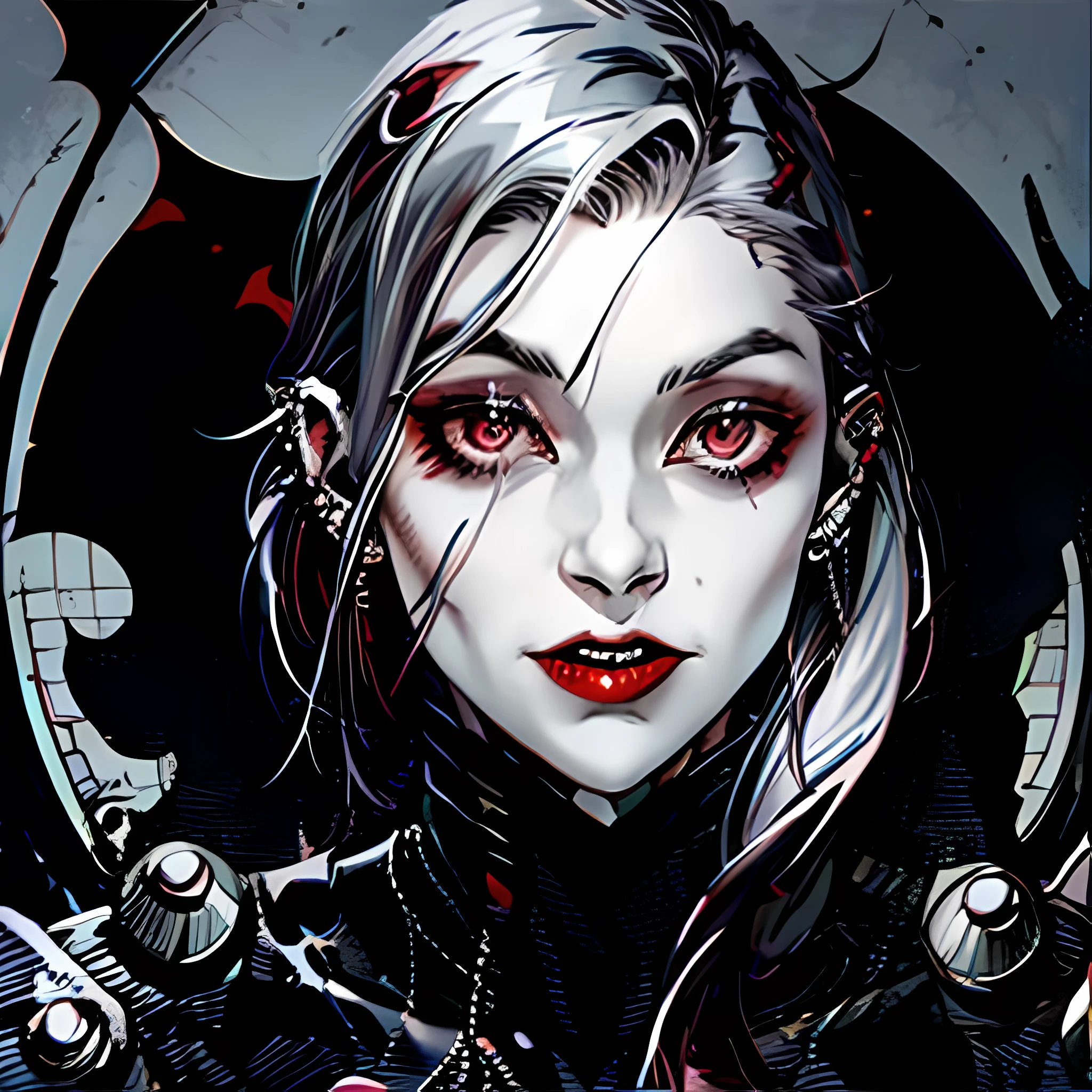(best quality,4k,8k,highres,masterpiece:1.2),ultra-detailed,(realistic,photorealistic,photo-realistic:1.37),gothic woman,cyberpunk,red eyes,demon,extremely detailed face,long dark hair,sensual lips,pale skin,piercing,full makeup,black leather outfit,studded collar,fishnet stockings,platform boots,night cityscape background,neon lights,smoke and fog,reflective surfaces,glowing tattoos with intricate designs,blood red lipstick,sharp fangs,intense gaze,ominous aura,vivid colors,high contrast,dark shadows and highlights,ethereal beauty