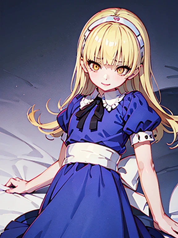 nsfw,sex、rape、vaginal 、lie down、On your back、sleep、Held down、Alice、美girl、girl、delicate、beautiful, whole body, smile, smile alicesmt, dress, long hair, blonde hair, hair band, dull bangs, puffy sleeves, blue dress, yellow eyes