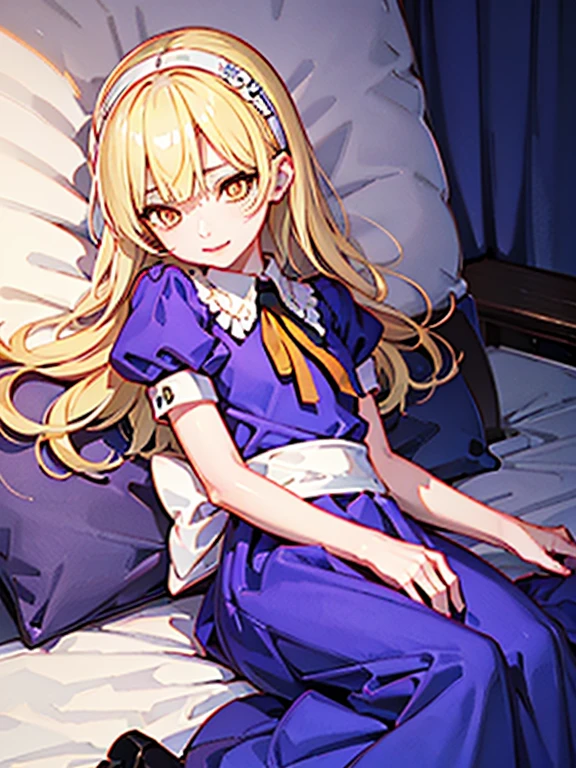 nsfw,sex、rape、vaginal 、lie down、On your back、sleep、Held down、Alice、美girl、girl、delicate、beautiful, whole body, smile, smile alicesmt, dress, long hair, blonde hair, hair band, dull bangs, puffy sleeves, blue dress, yellow eyes