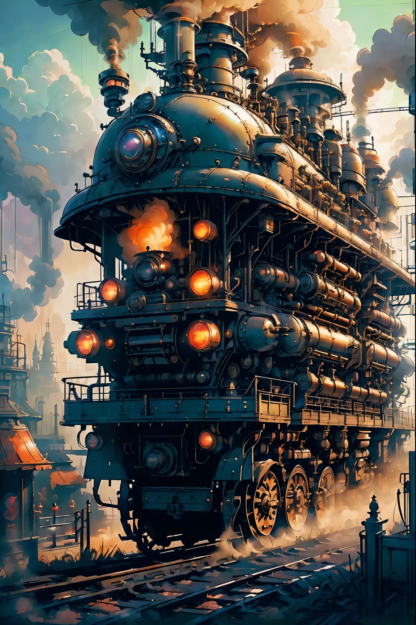 (masterpiece,top quality,best quality,official art,Beautiful and beautiful:1.2),Steampunk,  Victorian mechanical world,steam train,smoke,massive clockwork,exquisite machinery, vibrant sunset, neon lights, bustling commercial street, hazy atmosphere, mysterious silhouettes