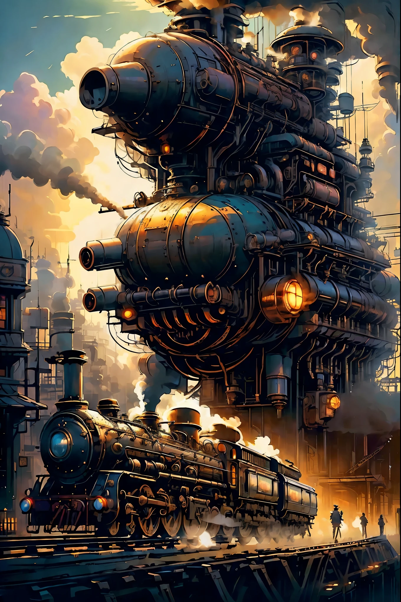 (masterpiece,top quality,best quality,official art,Beautiful and beautiful:1.2),Steampunk, Victorian mechanical world,steam train,smoke,massive clockwork,exquisite machinery, vibrant sunset, neon lights, bustling commercial street, hazy atmosphere, mysterious silhouettes