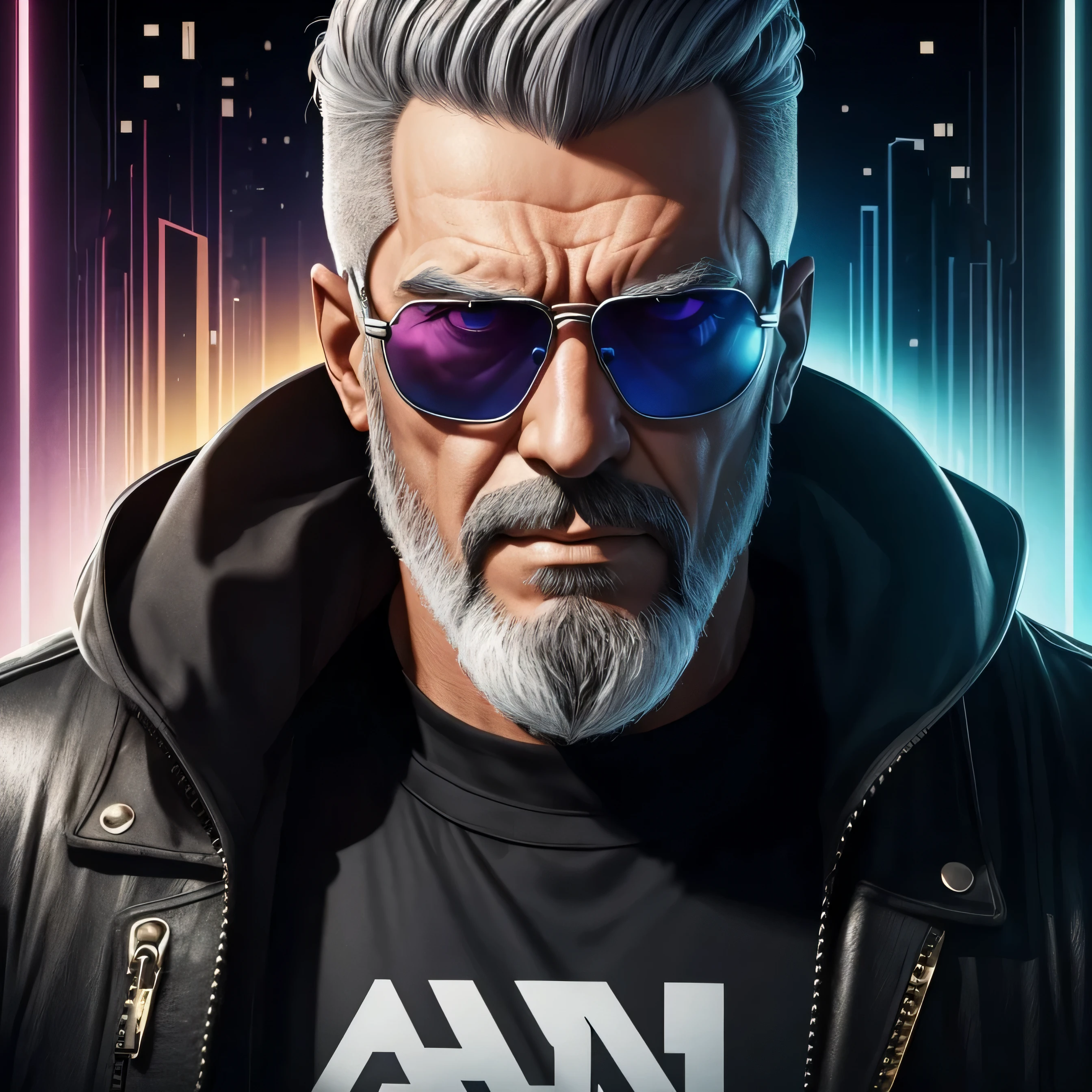 Edlintramos with grey beard and sunglasses, arte cyberpunk, arte funk, cores gradientes deslumbrantes, retrato estilizado h 704, pompadour, streamer twitch, cores frias. insanamente detalhado, t-800, sem assinatura de marca d'water, em cores ricas, ultrapassado